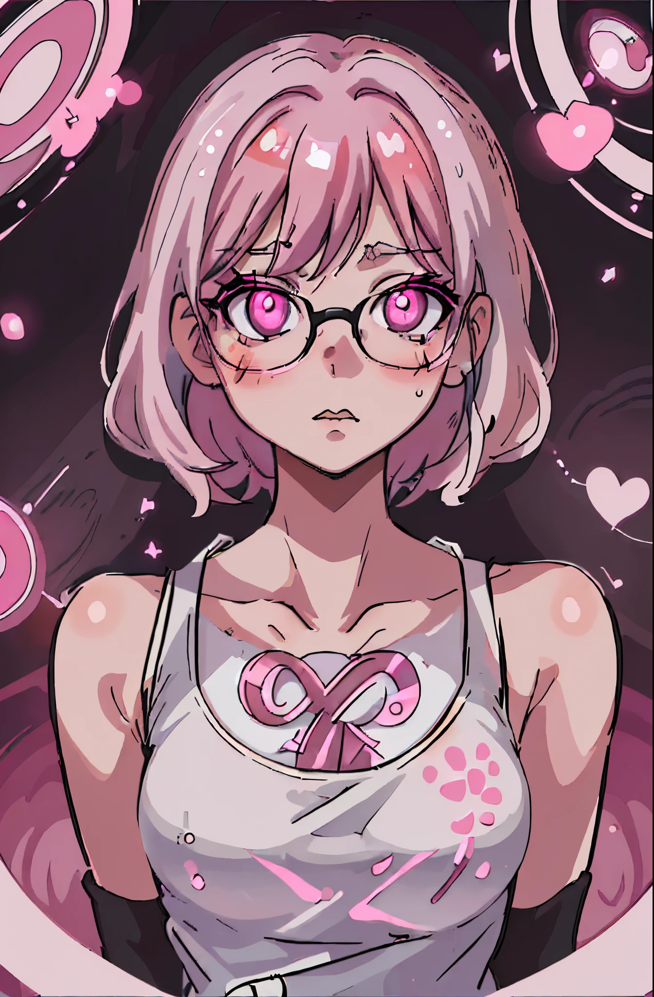 White girls vest，A pink-haired，Wearing black half-rimmed glasselue pupil，Anime shoujo