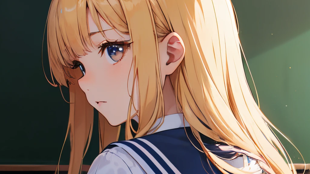 Classroom,masterpiece,Top image quality,hight resolution,Mabayashi Kitagawa,,Beautiful fece,blonde hair,long hair down to the back,summer sailor uniform,red tie、girl with、black eyes、Tsurime girl,Anxious look、face close-up