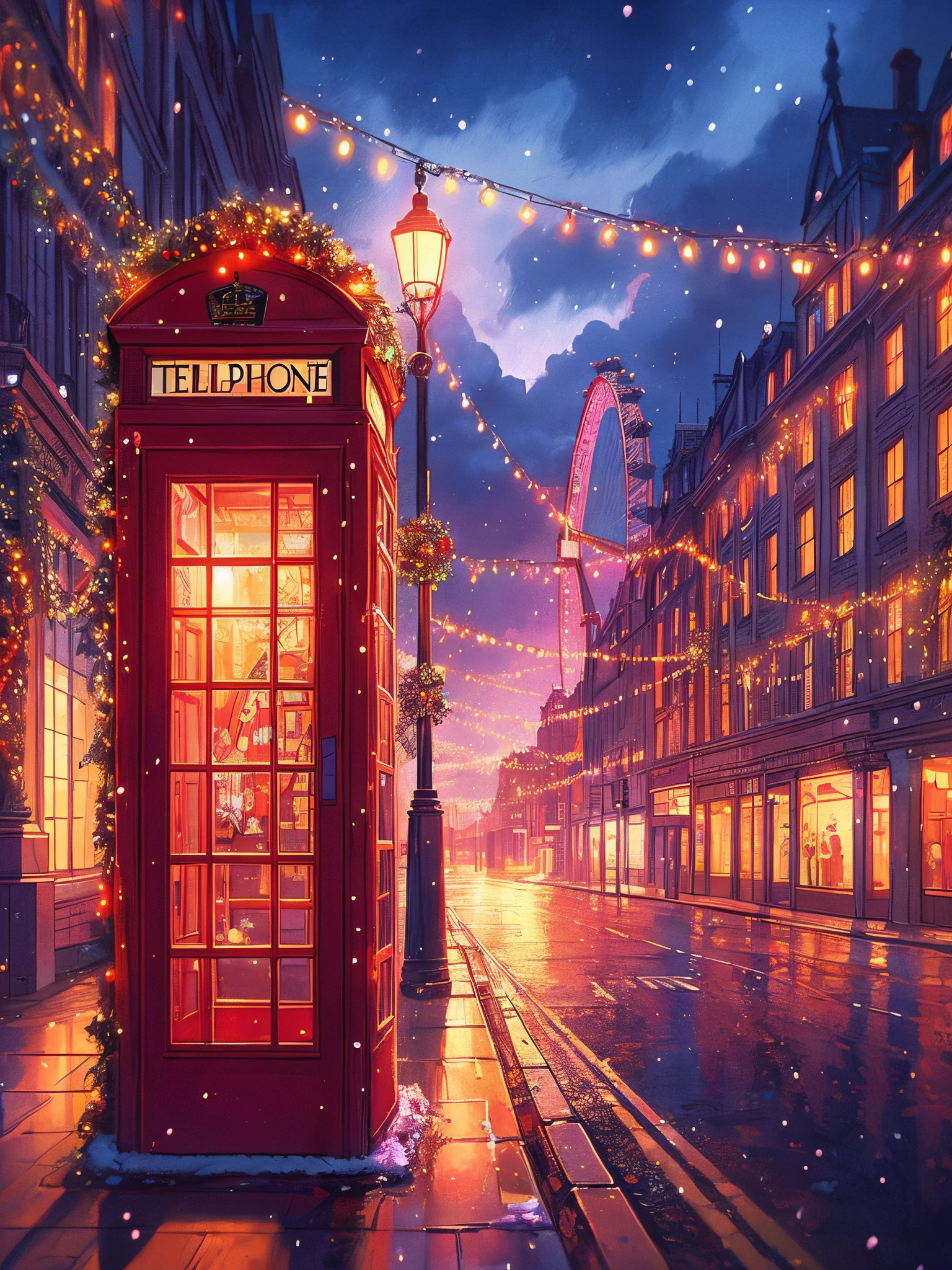 Draw an anime lofi scene of Christmas decorations on London street, Telephone booth, London eye, fairylights, no one, decorated, night, no human, cloudy sky, beautiful color palette