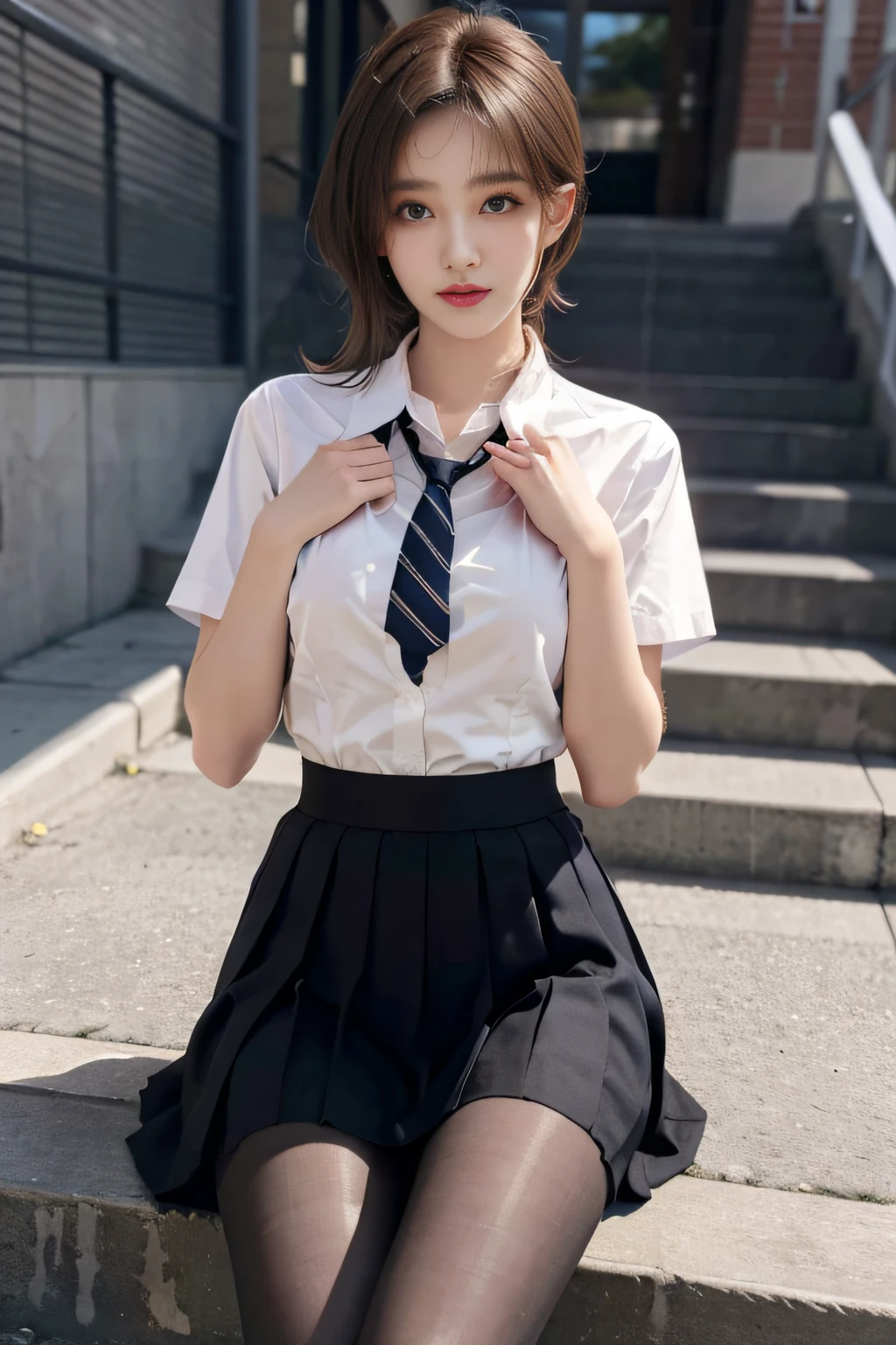 Korean School Uniform、Summer Uniform Shirts、Tight-fitting shirt、Ribbon Ties、skirt by the、Schools、stairs at school、Chest lifting pose、The focus is on the chest、Thin and large、8k RAW photo、hight resolution、18-year-old Korean、looking embarrassed、very large round breasts、intricate and fine details、long eyelasher、beautiful double eyelid、eyeshadows、eye line、elongated eyes、elongated eye shape、Sanpaku eyes are beautiful and thin, legit thin thighs、Random Shorthair、Tie your hair back、耳Nipple Ring、light brown hair、(Wear pantyhose)、Grab your knees，wears glasses