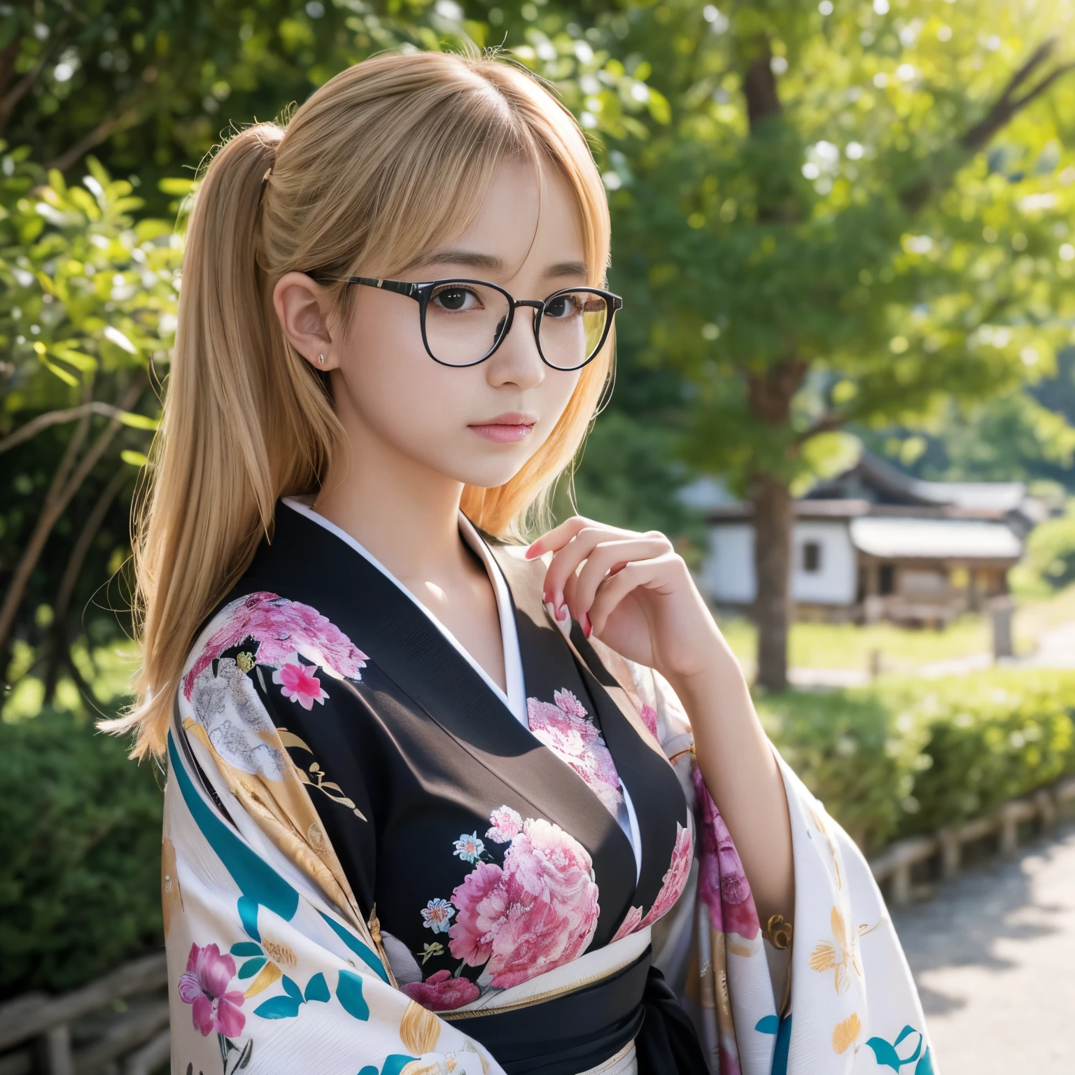 Best-quality, Masterpiece, Ultra-High-Resolution, (Photorealistic:1.4), Raw-Photo, Extremely-Details, Perfect-Anatomy, 

1girl, 16-years-old, the most famous Japanese idol, wearing only luxurious colorful Japanese KIMONO and glasses with cool design, in an idyllic rural village in Japan, 

extremely cute face like a most popular Japanese idol, extremely beautiful large black solid circle eyes, extremely beautiful blonde hair, extremely beautiful lips, extremely beautiful realistic white skins