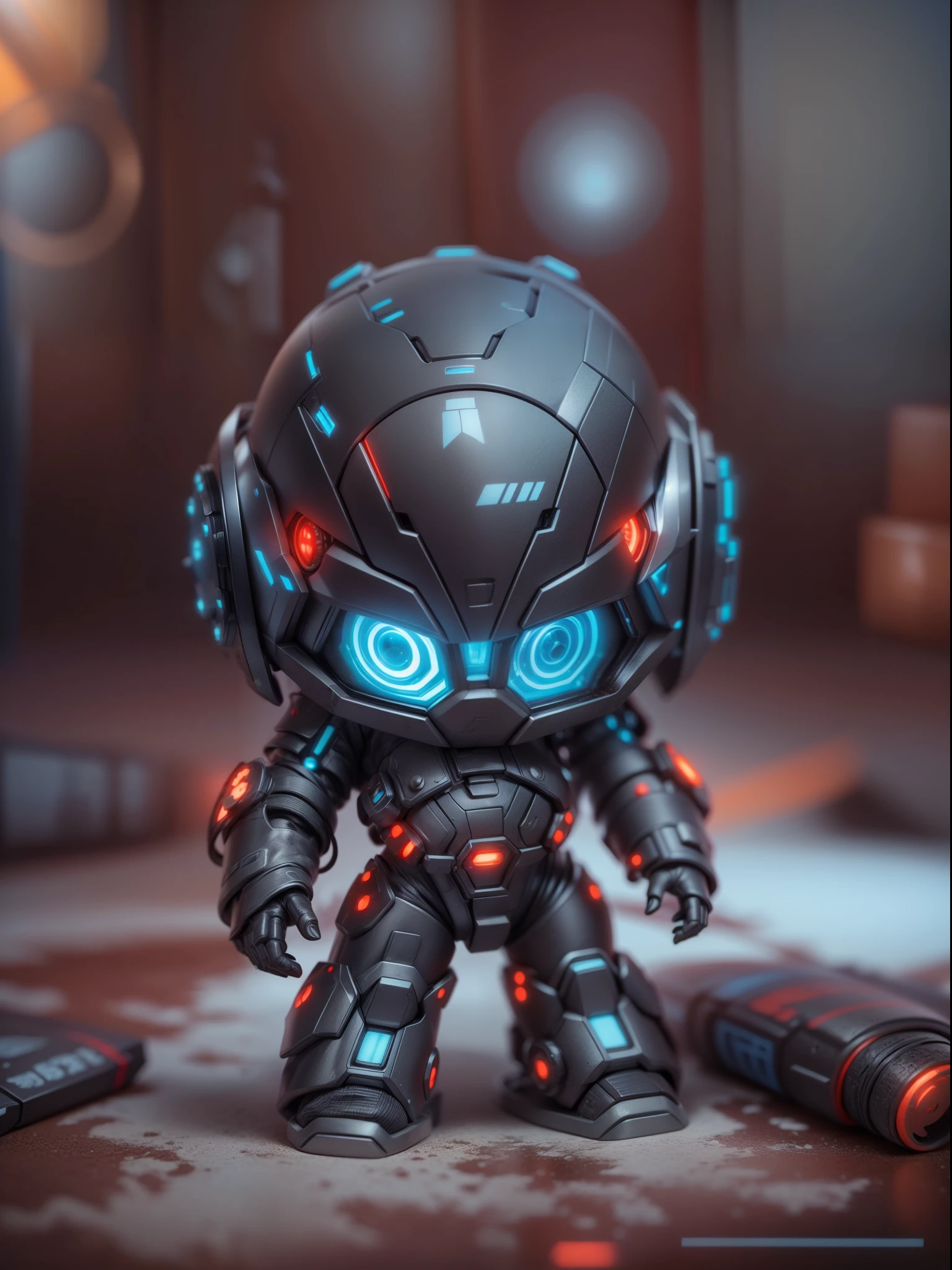 (Blind box toy style:1.2), (Full body shot) , 1 cute strong metal mage, Metal mech,Metal opaque helmet, cyber punk perssonage, dreamy glow, Clean, Black draft,red and blue style, ( Global illumination, Ray traching, hdr, unreal render,reasonable design, high detal, Masterpiece, Best quality, hyper HD, Cinematic lighting)