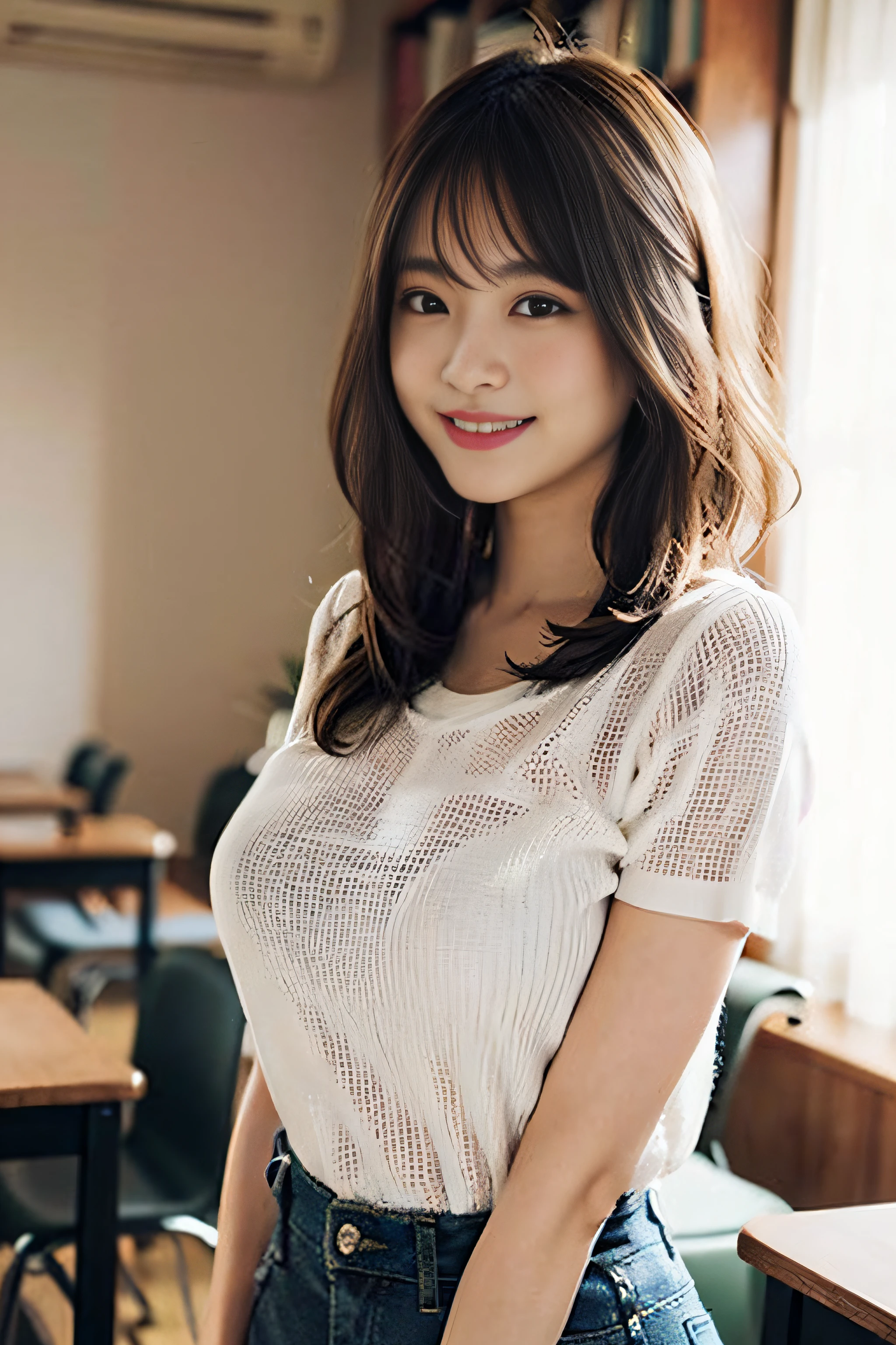 (8K、Raw photography、top-quality、​masterpiece:1.2)、(realisitic、Photorealsitic:1.37)、ultra-detailliert、超A high resolution、女の子1人、see the beholder、beautifull detailed face、A smile、Constriction、(Slim waist) :1.3)、Beautiful detailed skin、Skin Texture、Floating hair、Professional Lighting、Whole human body、Longhaire、a blond、Overall、white t-shirts、shortsleeves、Tight clothes、Colossal tits、Poses that emphasize breasts、‎Classroom、Bob Hair、Panchira、Gray fabric underwear、E-cup、Happy smile、sixteen years old、Red ribbons