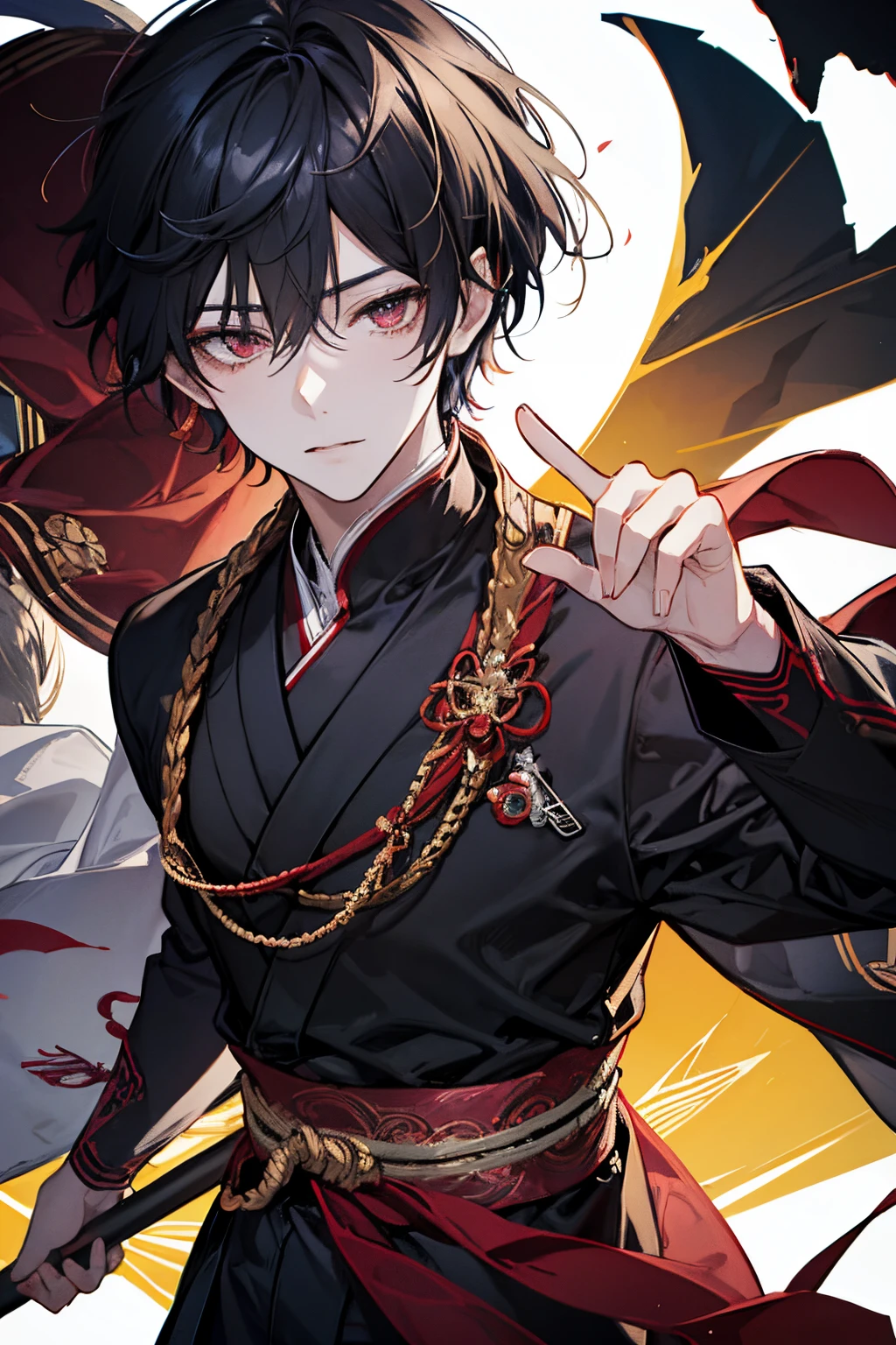 1 boy, male character based on genshin impact games, illustrate in anime art style, he has black slightly curly hair and red eyes, dress the male character in a traditional japanese yukata, Genshin Impact universe, ultra detail, 2D animation, 4K