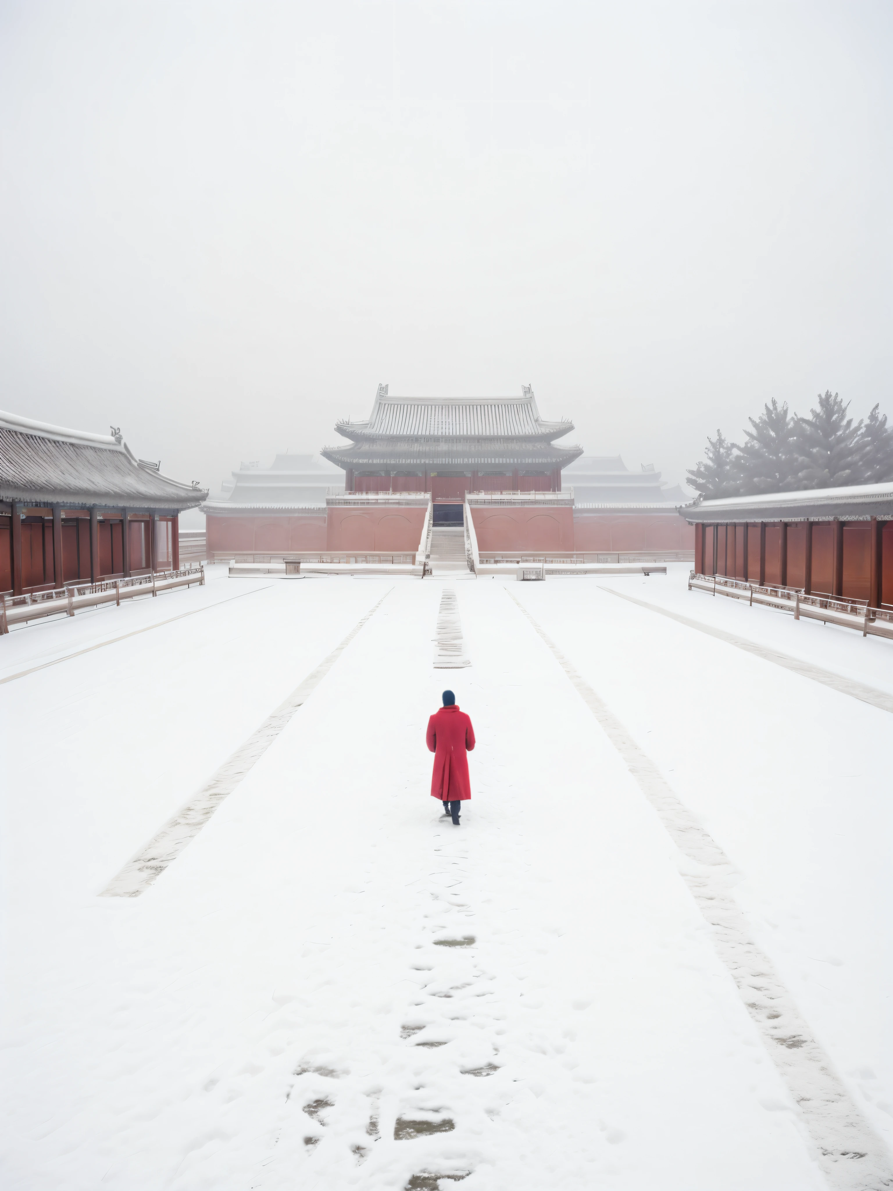 A man in a white robe walks in a snowy courtyard, author:Fei Danxu, in forbidden city, It snowed in the Forbidden City, There are branches hanging down in the foreground,Snowflakes in the sky,