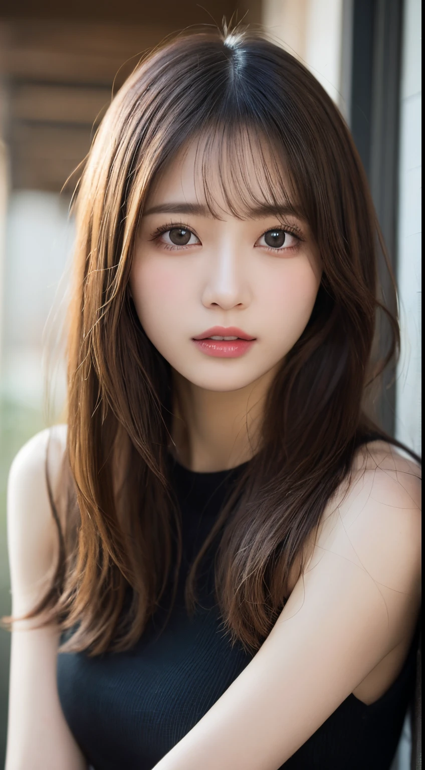finely detail, hight resolution, hightquality、Perfect dynamic composition, Beautiful detailed eyes, Medium Hair, small tits、Natural Color Lip,Kamimei、The background is the wall of the room、20 years girl、1 persons、Transparent skin、Glowing hair、masutepiece, Best Quality, Illustration, Ultra-detailed, finely detail, hight resolution, 8K、The correct state of the human body、Crouch down、pretty pose,dishevled hair,beauty legs,Perfect beautiful face,KPOP Idol Face,blur backgroun,