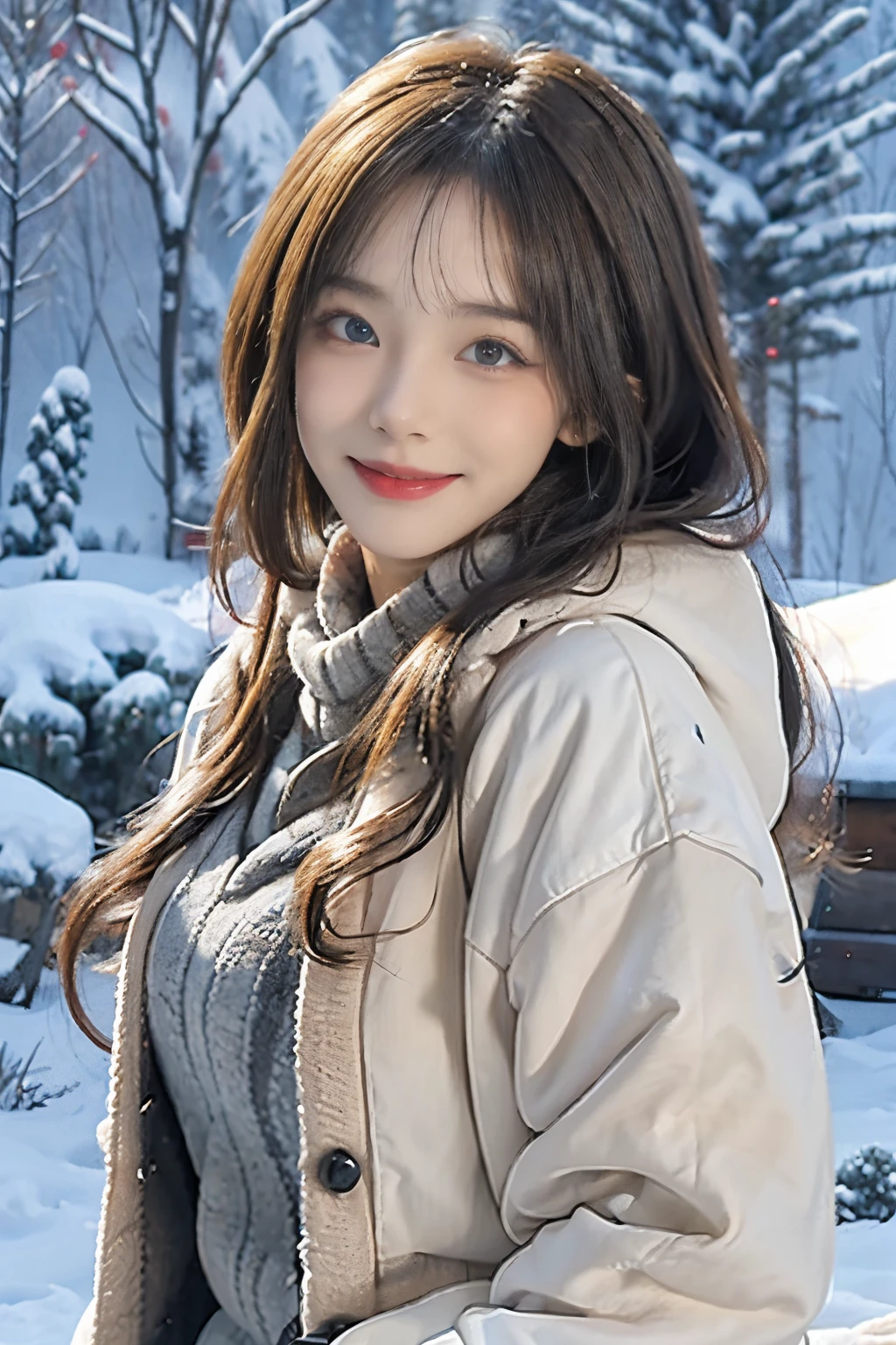A close-up of a young beautiful woman's face, smiling at the viewer, wearing a colourful cardigan and fur coat, snowing, standing in the snow beside an outdoor Christmas tree, in an alpine forest with a log cabin in the background.