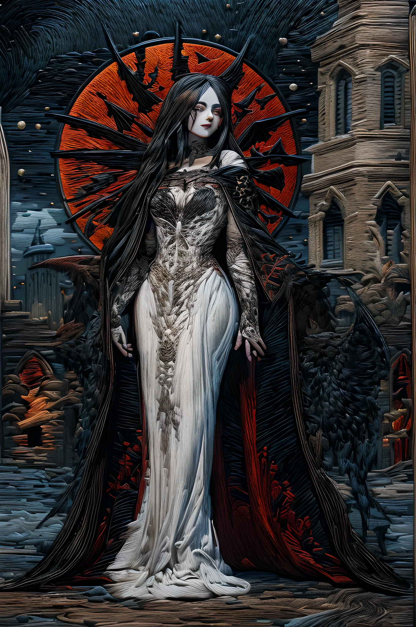 (embroidery artwork: 1.5), punch needle embroidery,  full body best details, highly detailed, best quality, highres, full body portrait of a vampire, elf (1.6, Masterpiece, best quality), ultra feminine (1.4 intricate details, Masterpiece, best quality) with a long curvy hair, dark color hair, red eyes (1.3 fantasy art, Masterpiece, best quality), ((beautiful delicate face)), Ultra Detailed Face (1.4 intricate details, fantasy art, Masterpiece, best quality), [visible sharp vampiric fangs] (1.6 intricate details, fantasy art, Masterpiece, best quality), [anatomically correct] red cloak, flowing cloak (1.4 intricate details, fantasy art, Masterpiece, best quality), wearing an intricate leather [white] dress (1.4 intricate details, gothic art, Masterpiece, best quality), high heeled boots, blood dripping on lipackground (intense details, beat detailantasy, at night light, natural ,moon light, soft moon light, moon rays, clouds, gothic atmosphere, gothic street background, bats flying in background, soft light, dynamic light, [[anatomically correct]], high details, best quality, 8k, [ultra detailed], masterpiece, best quality, (extremely detailed), dynamic angle, ultra wide shot, RAW, photorealistic