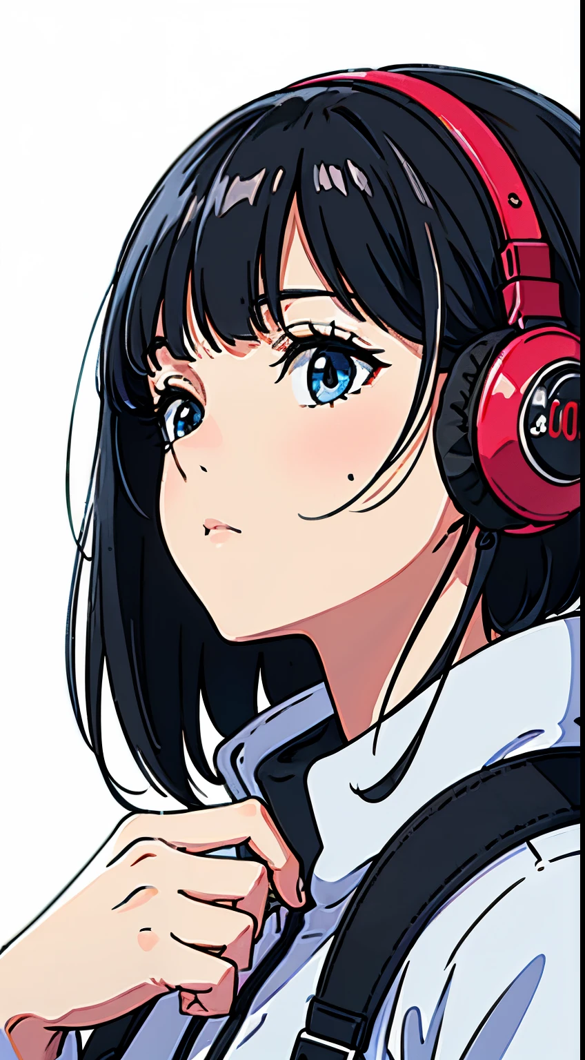 Nonchalant expression, black and white, disheveled fringe, medium messy hair, alluring look, black and white,Black and white painting,White background,Side Face,Over-ear headphones, large ear cups,relaxed browsEyes closed peacefully,fingers touching hair