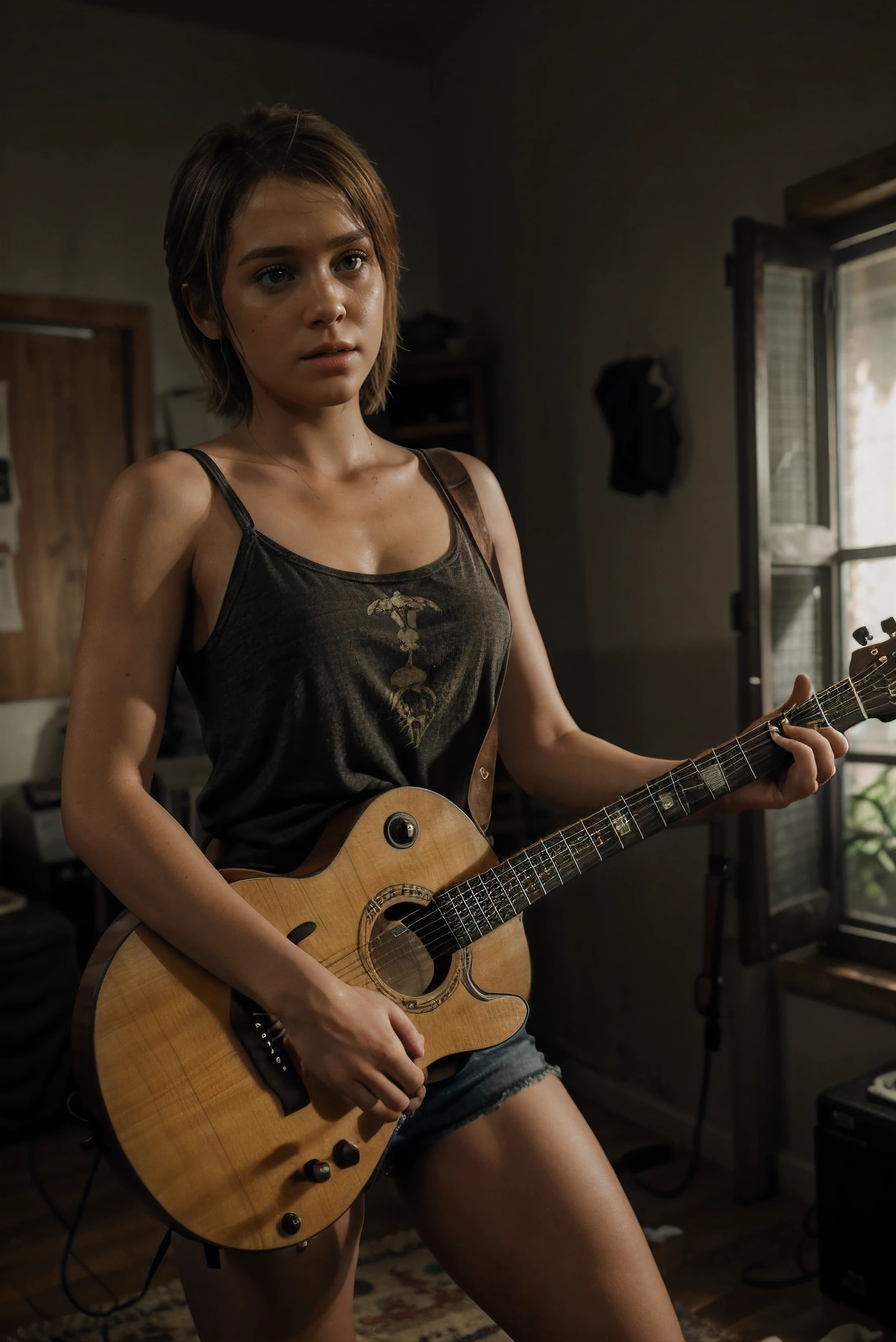 there's a girl, cabelos loiros curtos, peituda, pernas abertas , playing guitar in a room, the Last of Us, In The Last of Us, Luscious ) In The Last of Us, last of us, Man playing guitar, playing the guitar, Arthur Morgan, na PS5, playing a guitar, playing the guitar, Captura de tela do videogame, Detalhe perfeito