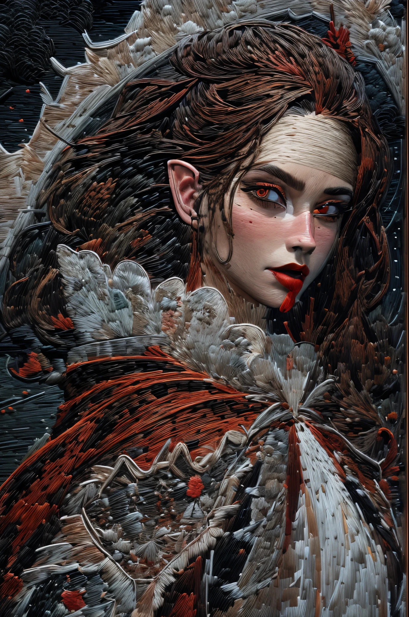 (embroidery artwork: 1.5), punch needle embroidery,  full body best details, highly detailed, best quality, highres, full body portrait of a vampire, elf (1.6, Masterpiece, best quality), ultra feminine (1.4 intricate details, Masterpiece, best quality) with a long curvy hair, dark color hair, red eyes (1.3 fantasy art, Masterpiece, best quality), ((beautiful delicate face)), Ultra Detailed Face (1.4 intricate details, fantasy art, Masterpiece, best quality), [visible sharp vampiric fangs] (1.6 intricate details, fantasy art, Masterpiece, best quality), [anatomically correct] red cloak, flowing cloak (1.4 intricate details, fantasy art, Masterpiece, best quality), wearing an intricate leather [white] dress (1.4 intricate details, gothic art, Masterpiece, best quality), high heeled boots, blood dripping on lipackground (intense details, beat detailantasy, at night light, natural ,moon light, soft moon light, moon rays, clouds, gothic atmosphere, gothic street background, bats flying in background, soft light, dynamic light, [[anatomically correct]], high details, best quality, 8k, [ultra detailed], masterpiece, best quality, (extremely detailed), dynamic angle, ultra wide shot, RAW, photorealistic