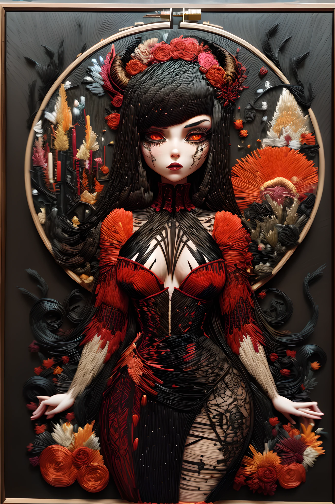 (embroidery artwork: 1.5), punch needle embroidery,  epic good looking succubus wearing a red and black dress, offering a gold and red diamond ring in hand (intense details, Masterpiece, best details: 1.6), full body (intense details, Masterpiece, best details: 1.6), ultra detailed face (intense details, Masterpiece, best details: 1.5),standing in the door entrance, holding a red and gold ring (intense details, Masterpiece, best details: 1.6), black hair, long hair, red eyes, glowing eyes, small horns, red high heels, dim light, high details, best quality, 16k, [ultra detailed], masterpiece, best quality, (extremely detailed), ultra wide shot, photorealistic, gothic art, sense of darkness, sense of seduction, fiery magic symbols (intense details, Masterpiece, best details: 1.6),in the background