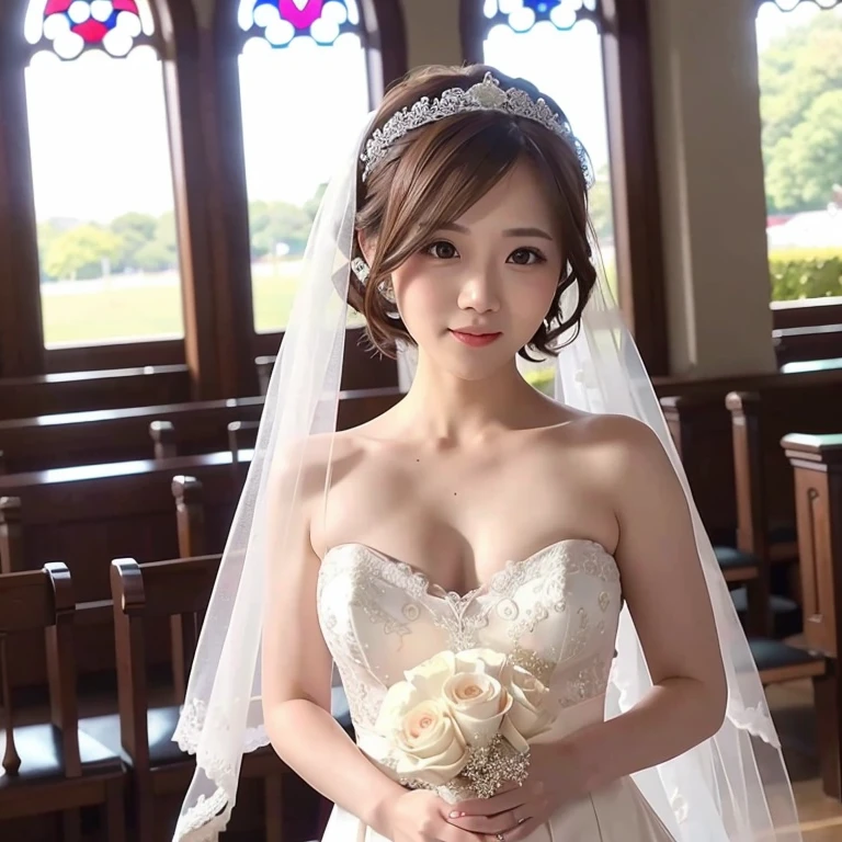 wedding、chapel、1 female、full bodyesbian、Shorthair、Brown hair、wedding dress、Cross on background、depth of fields、Sunlight enters、stain glass、cute little