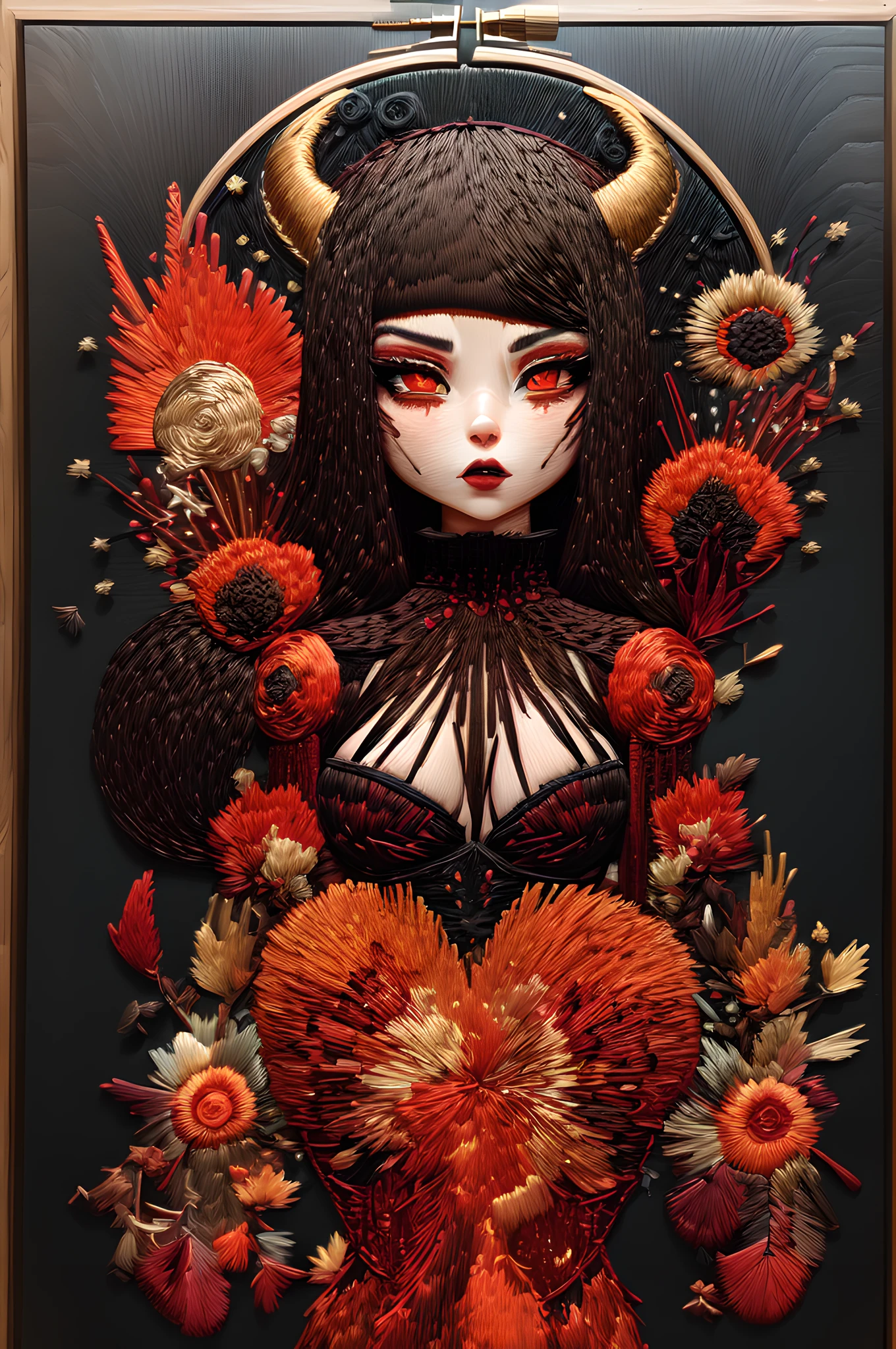 (embroidery artwork: 1.5), punch needle embroidery,  epic good looking succubus wearing a red and black dress, offering a gold and red diamond ring in hand (intense details, Masterpiece, best details: 1.6), full body (intense details, Masterpiece, best details: 1.6), ultra detailed face (intense details, Masterpiece, best details: 1.5),standing in the door entrance, holding a red and gold ring (intense details, Masterpiece, best details: 1.6), black hair, long hair, red eyes, glowing eyes, small horns, red high heels, dim light, high details, best quality, 16k, [ultra detailed], masterpiece, best quality, (extremely detailed), ultra wide shot, photorealistic, gothic art, sense of darkness, sense of seduction, fiery magic symbols (intense details, Masterpiece, best details: 1.6),in the background