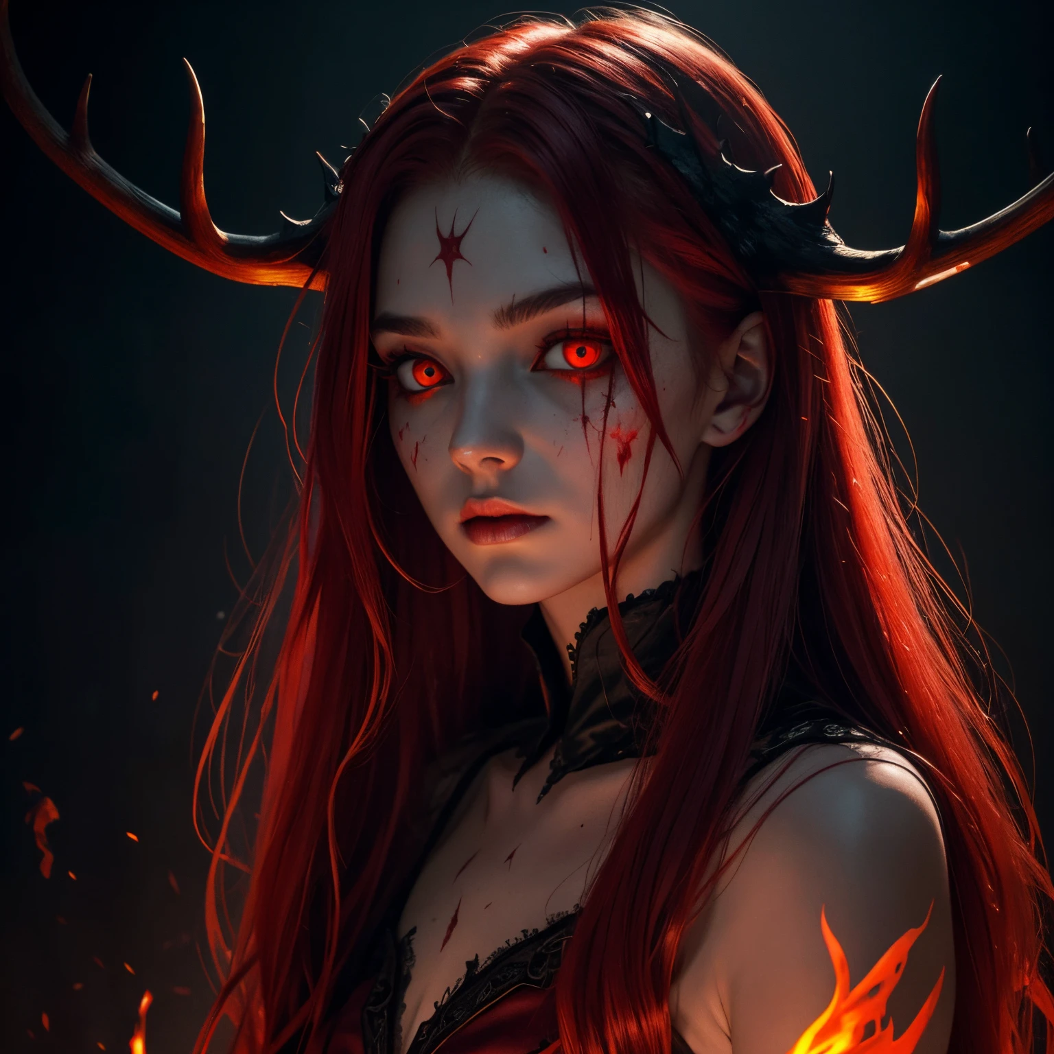 dark, unholy, evil, astral, creepy style, undead, rotting skin, mystical, nice perfect face with soft skin, young beautiful girl portrait on fire, red smoke, mist, night, red clothes long red hair, antlers glowing red eyes, from side, light red glow, void
