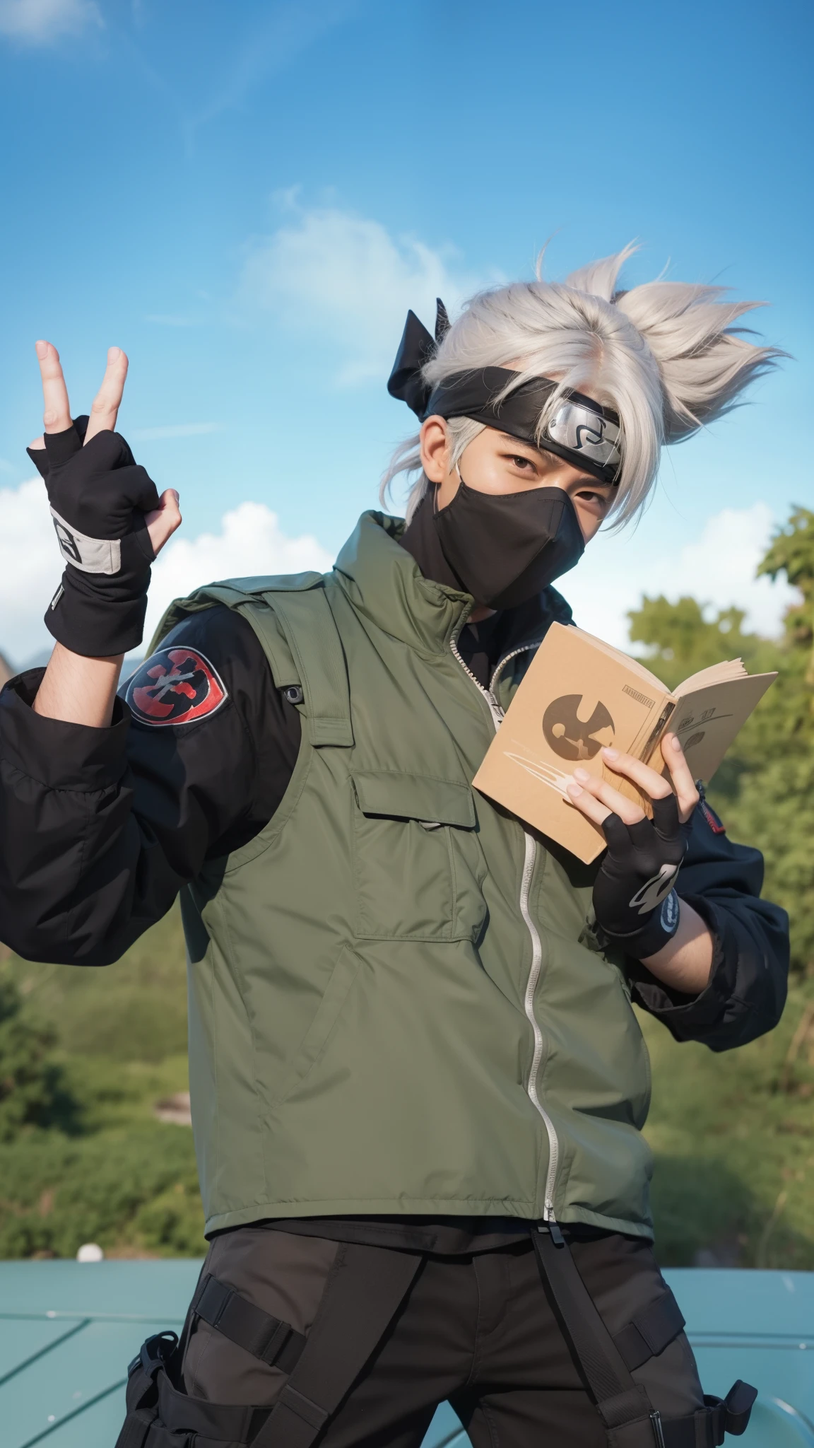 Real life adaptation of this character, his name is Kakashi Hatake from the anime Naruto, face covered using a realistic mask, realistic hair, realistic clothes, realistic light, realistic shadows, realistic background, (photorealistic: 1.2), realistic hands