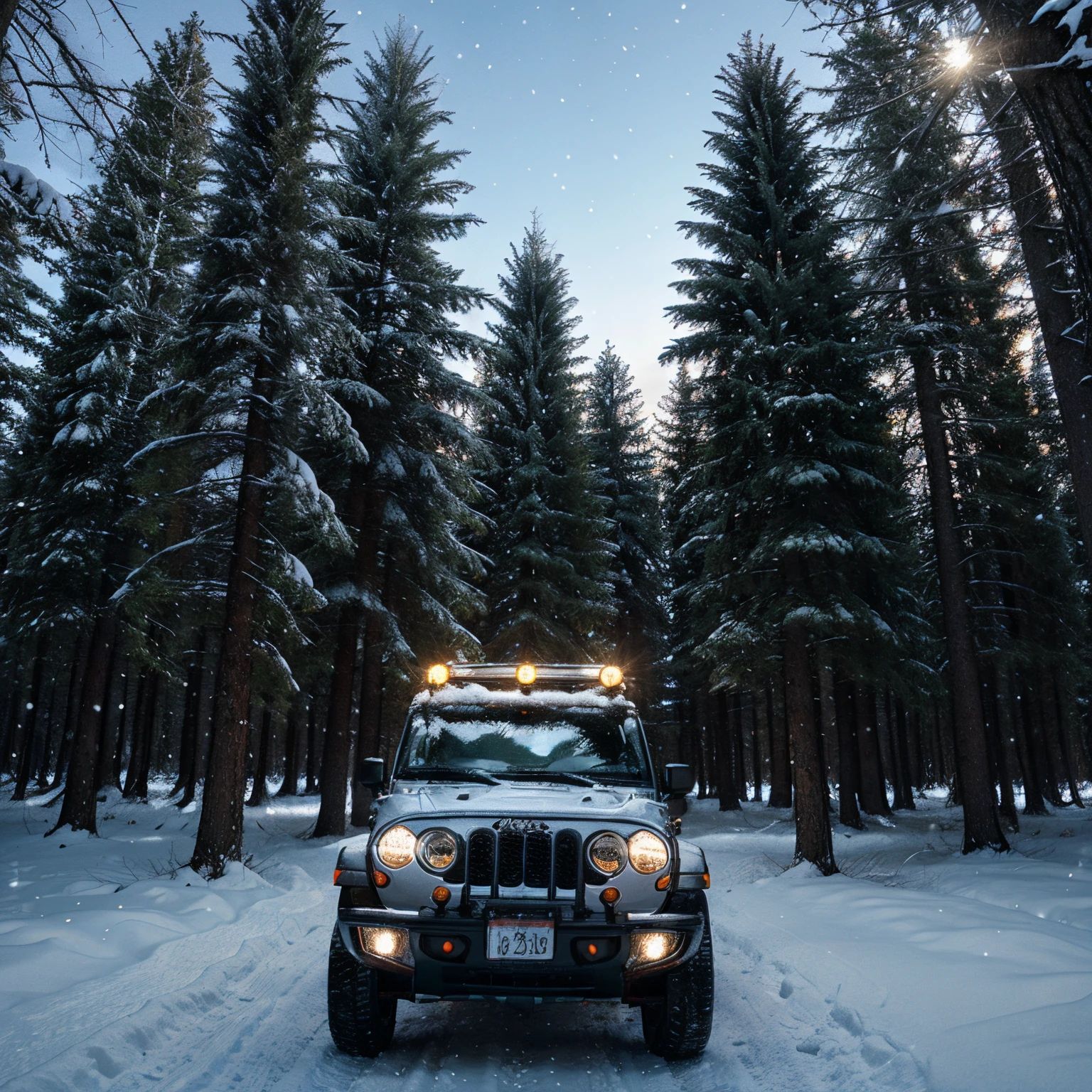 Night winter pine forest for background. There should be garlands on the trees. In front of the trees is a small snow field with a jeep with headlights on.