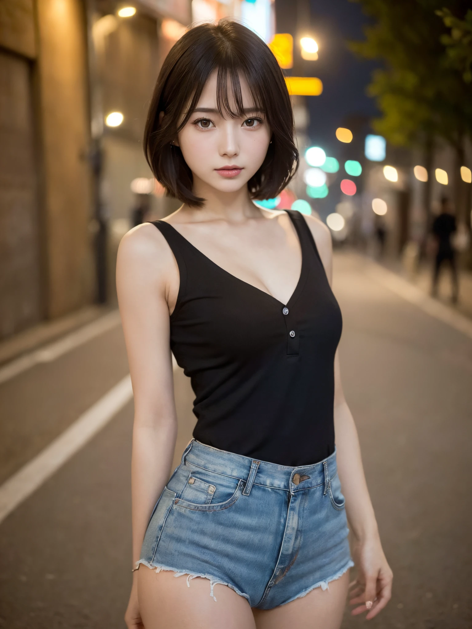 ((top quality, 8k, masterpiece: 1.3, raw photo)), Sharp Focus: 1.2, (1 aespa girl: 1.2), (Realistic, Photorealistic: 1.37), (face focus: 1.1), cute face, small breasts, flat chest, short messy hair, (long button black shirt: 1.1), Beautiful Woman standing Under Street Lamp Light, cinematic lighting, thigh, panties,