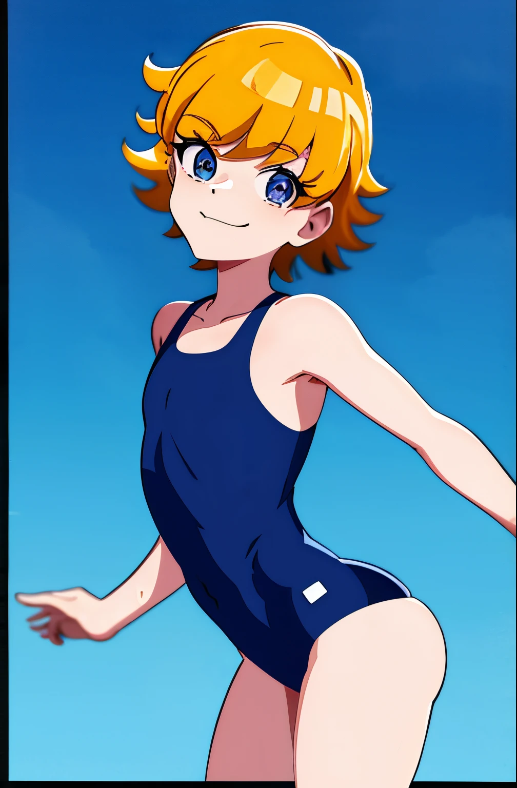 Cartoon image of a man in a swimsuit with a big smile, Short blonde boy, Boy with Golden Eyes, wearing a swimming wear, garments:High-cut swimwear, Swimsuit, Cool anime boy in a navy blue tanksuit, Full body:: Sunny weather::, onepiece swimsuit, Competitive swimsuit, Wet swimsuit,  A clear day, highleg, Ecchi anime style, Bare shoulders, bare legs,
