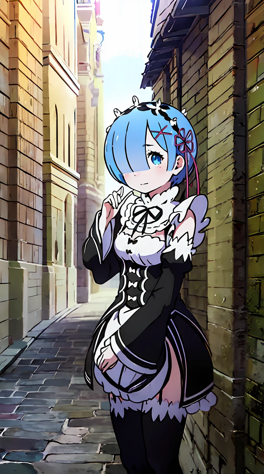 (Rem,Re:Zero),1girl,in old town, best quality, masterpiece, 8K