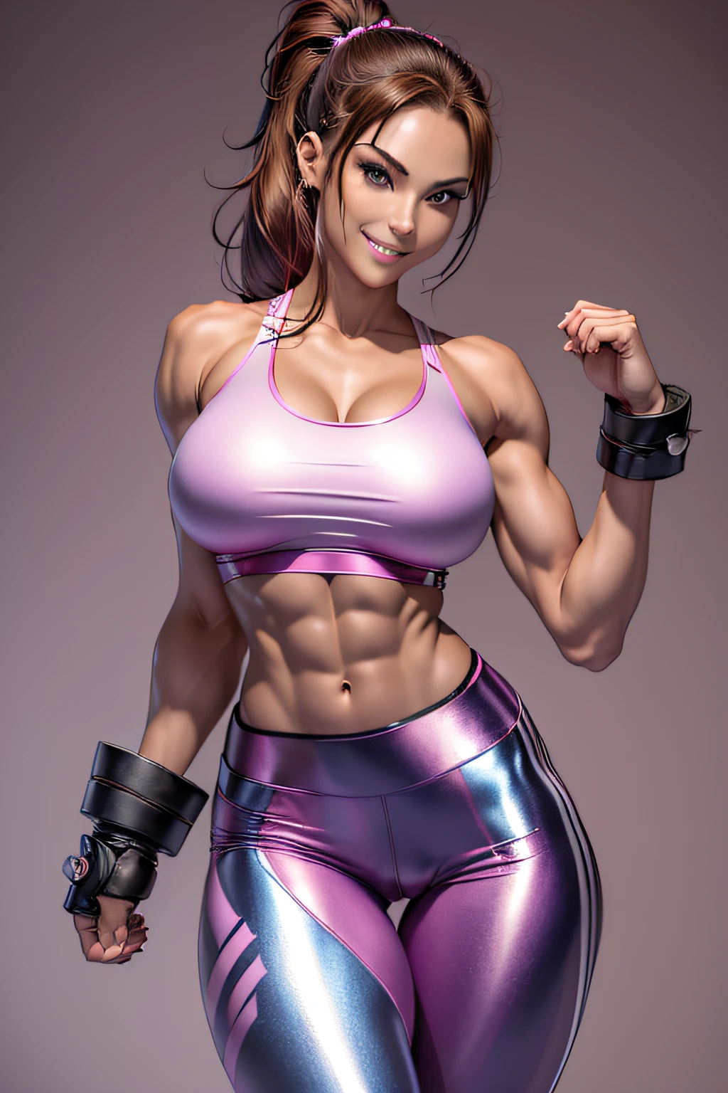 Arafe woman solo with ponytail hair、Fighting Game Fighter、Fitness Model、Wearing metallic pink battle uniform、slim and long legitimate body shape、(Sharp Focus:1.5), Photo, attractive young woman, (Beautiful face:1.1), Detailed eyes, luscious lips, (smokey eye makeup:0.85), (large full breasts:1.5), (athletic bodies:1.5), Five-fingered、two-armed、nippless、half-pants、White belt、Pose ready to fight、Mischievous smile