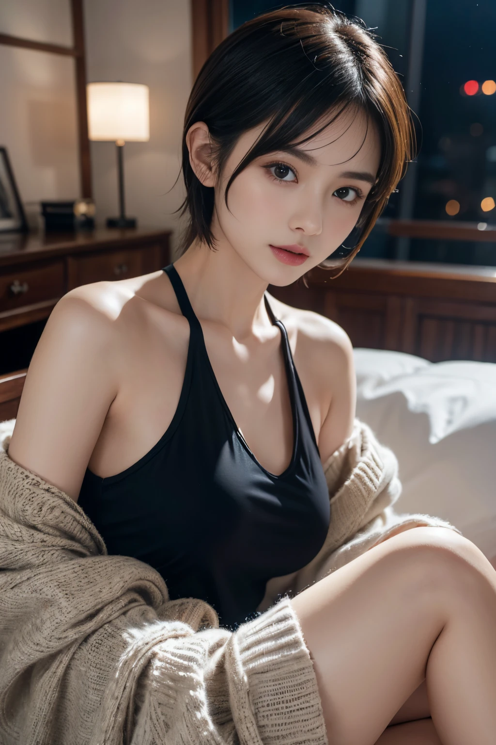 女の子1人、Blushing cheeks、shyly smile、optic、large full breasts、Loose T-shirt on the chest、florals、hair pin、a necklace、piercings、Crawling on all fours on the bed、from below looking up、depth of fields、pointed red mouth、Glossy reddish-brown shorthair、Black eyes、鎖骨、Beautiful fingers、Hourglass body、portrait of a full body、