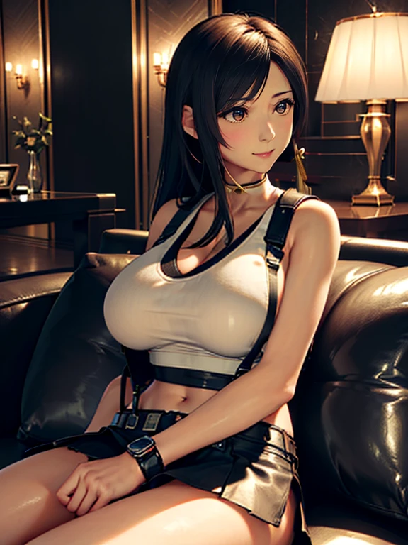(top-quality, (Ultra high definition,4K), (超A high resolution:1.3, in 8K),masutepiece:1.2), (outstanding composition), (Perfect Anatomy,Anatomically accurate), (Soft lighting, rendered), (((Sitting on a sofa in the lobby of a luxury hotel, Combat stance))), ((Atifa_Lockhart like)), (Ruby-like red eyes), (爆乳:1.6), Focus on the lower body, (energetic and healthy girl), (Photorealsitic), ((Bright lighting)), (White tank top), (suspenders), ((Black leather miniskirt)), Watch viewers, (Crisp double eyelids), (fascinated expression), (Textured skin), (Soft skin)