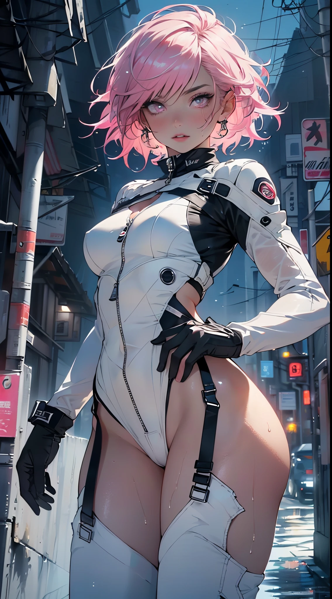 girl spacepunk,(((1girl))),((beautiful girl with cute pink hair)),
(large breasts:1.4),saggy breasts,((pink hair,pink messy hair,colored inner hair,short hair:1.5,absurdly short unkempt hair:1.35,short pink hair,ear breathing,intricate cut hair,((short hair tied up)))),(((pink_eyes:1.3))),intricate eyes,beautiful detailed eyes,symmetrical eyes,((fat)),(((lustrous skin:1.5,bright skin: 1.5,skin tanned,shiny skin,very shiny skin,shiny body,plastic glitter skin,exaggerated shiny skin,illuminated skin,wet legs))),(spider lower abdomen,narrow waist,wide hip,athletic body,inflated legs, thick thighs,detailed body,(detailed face)),
cute,slutty,seductive,erotic,(((nsfw))),
zettai ryouiki,revealing clothing,show skin,((underboob:1.5)),(cleavage),(semi-naked,with little clothing),((tiny micro thong:1.3)),(visible thong straps:1.3),((underpants strap)),(((tiny futuristic white spandex suit,long sleeve, zipper crop suit, zipper slightly unzipped))),((heavy boots over the knee, white boots)),((micro superhero suit,military patches)),(((white clothes, white outfit, wet clothes,intricate outfit,intricate clothes))),
(dynamic pose:1.0),solo focus,embarrassed,(centered,scale to fit dimensions,Rule of thirds),
cyberpunk city by the ocean at night, with bright neon signs and dark stormy clouds and puddles, scenery:1.25,nighttime, starry night, cosmos,Very dark night that makes the neon lights stand out, very bright neon lights,nighttime, starry night, cosmos,
artistic photography,(photography taken by sldr),highres, sharp focus,(ultra detailed, extremely detailed), (photorealistic artwork:1.37),(extremely detailed CG unity 8k wallpaper),((synthwave background theme)),(((vibrant colors))),intricate,(intricate background),(masterpiece),(best quality),perfect rendered face,perfect face details,realistic face,photo realistic,analog style,((intricate detail)),(((realism))),