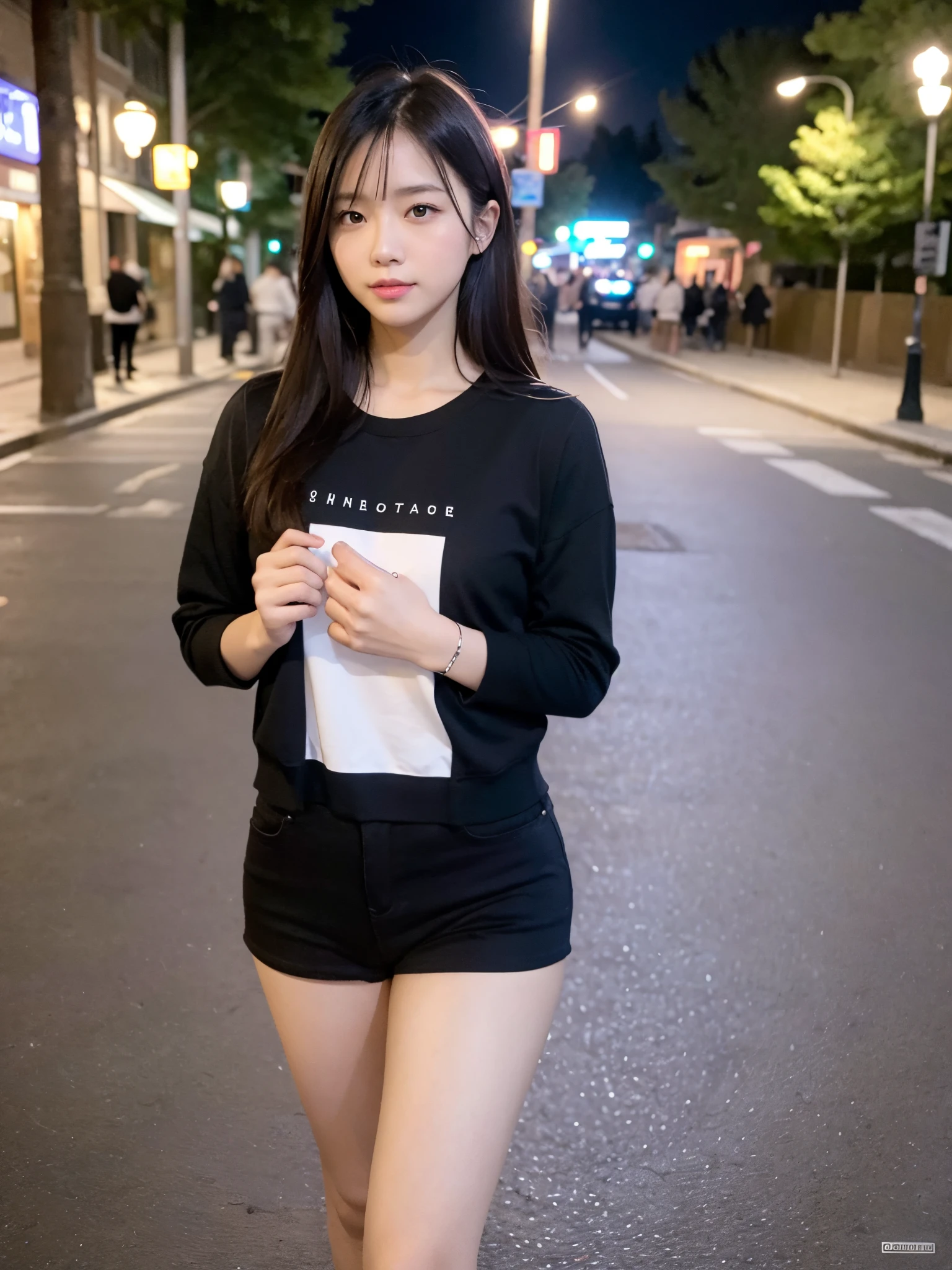 ((top quality, 8k, masterpiece: 1.3, raw photo)), Sharp Focus: 1.2, (1 aespa girl: 1.2), (Realistic, Photorealistic: 1.37), (face focus: 1.1), cute face, small breasts, flat chest, short messy hair, (long button black shirt: 1.1), Beautiful Woman standing Under Street Lamp Light, cinematic lighting, thigh,