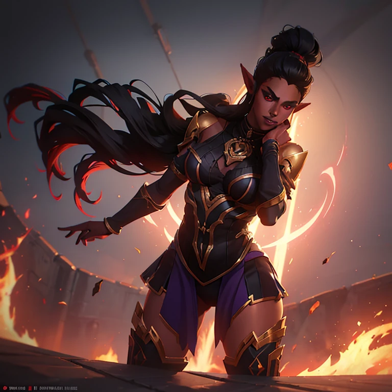 Dark elf woman in a majestic dress standing of fcenter in the back on a battlefield, dark grey skin, gray-skinned, elven ears, she has ruby-red eyes and grey skin, black hair, psychotic smile, 35 years old, summoning fire magic, magical red light, huge flames, extremely detailed artgerm, style artgerm, in style of artgerm, artgerm style, artgerm detailed, style of artgerm, aly fell and artgerm, samira from league of legends, drawn in the style of artgerm, artgerm lau