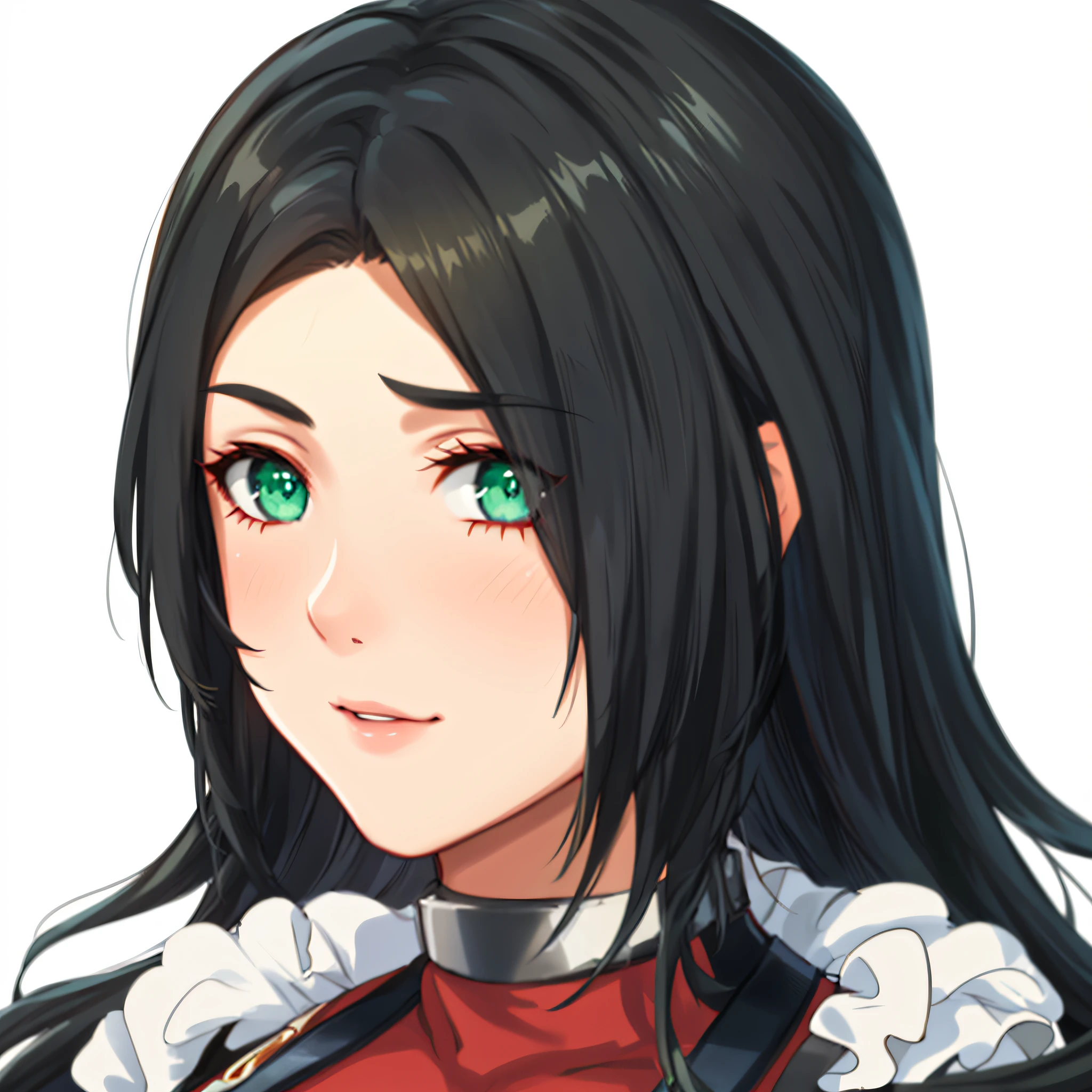 a close up of a person with a red shirt, portrait of tifa lockhart, tifa lockhart portrait, natalie from epic battle fantasy, portrait knights of zodiac girl, black - haired mage, jrpg character, maya fey from ace attorney, visual novel sprite, tifa, rpg character avatar, portrait knight female, katana zero video game character, green eyes