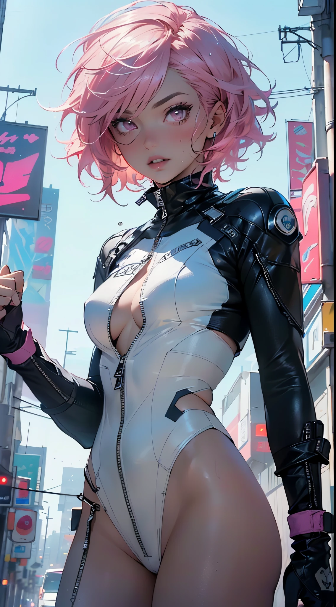 girl spacepunk,(((1girl))),((beautiful girl with cute pink hair)),

(large breasts:1.4),saggy breasts,((pink hair,pink messy hair,colored inner hair,short hair:1.5,absurdly short unkempt hair:1.35,short pink hair,ear breathing,intricate cut hair,((short hair tied up)))),(((pink_eyes:1.3))),intricate eyes,beautiful detailed eyes,symmetrical eyes,((fat)),(((lustrous skin:1.5,bright skin: 1.5,skin tanned,shiny skin,very shiny skin,shiny body,plastic glitter skin,exaggerated shiny skin,illuminated skin,wet legs))),(spider lower abdomen,narrow waist,wide hip,athletic body,inflated legs, thick thighs,detailed body,(detailed face)),

cute,slutty,seductive,erotic,(((nsfw))),

zettai ryouiki,revealing clothing,show skin,((underboob:1.5)),(cleavage),(semi-naked,with little clothing),((tiny micro thong:1.3)),(visible thong straps:1.3),((underpants strap)),(((tiny futuristic white spandex suit,long sleeve, zipper crop suit, zipper slightly unzipped))),((heavy boots over the knee, white boots)),((micro superhero suit,military patches)),(((white clothes, white outfit, wet clothes,intricate outfit,intricate clothes))),

(dynamic pose:1.0),solo focus,embarrassed,(centered,scale to fit dimensions,Rule of thirds),

cyberpunk city by the ocean at night, with bright neon signs and dark stormy clouds and puddles, scenery:1.25,nighttime, starry night, cosmos,Very dark night that makes the neon lights stand out, very bright neon lights,nighttime, starry night, cosmos,

artistic photography,(photography taken by sldr),highres, sharp focus,(ultra detailed, extremely detailed), (photorealistic artwork:1.37),(extremely detailed CG unity 8k wallpaper),((synthwave background theme)),(((vibrant colors))),intricate,(intricate background),(masterpiece),(best quality),perfect rendered face,perfect face details,realistic face,photo realistic,analog style,((intricate detail)),(((realism))),