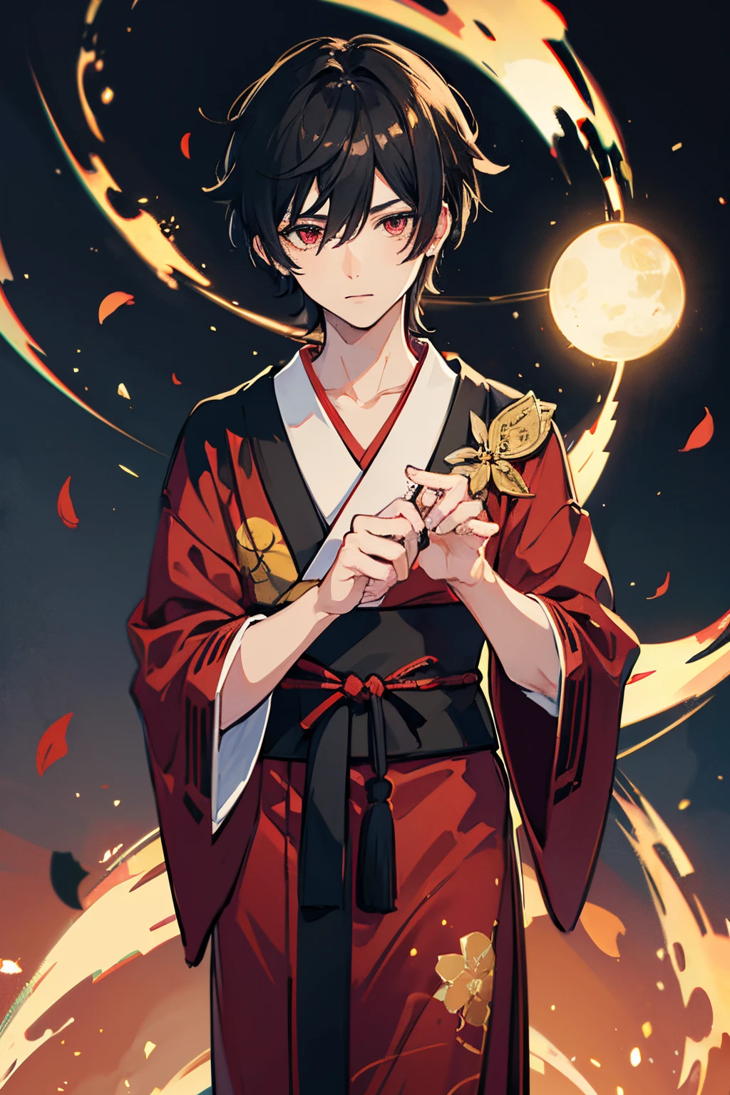 1 boy, male character based on genshin impact games, illustrate in anime art style, he has black slightly curly hair and red eyes, dress the male character in a traditional japanese yukata, Genshin Impact universe, ultra detail, 2D animation, 4K