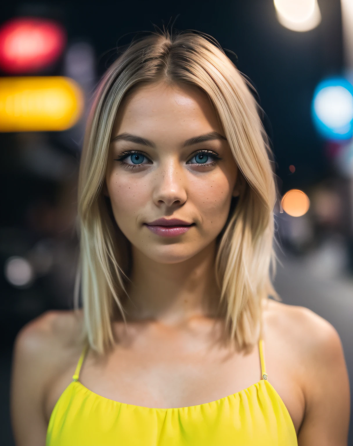 (photo from eye-level: 1.4), (full-body photo t: 1.4), 24-year-old blonde (dark-blue-eyed woman) walking in a bar RAW uhd photo, natural breast_b, garden jacuzzi, bikini, (yellow sundress), (crack), detailed (texture!, hair!, shine, color!!, flaws: 1.1), detailed eyes, (looking at camera), specular light, dslr, extreme quality, sharp focus, sharp, dof, Film grain, (centered), Fujifilm XT3, crystal clear, center of frame, cute face, sharp focus, street lamp, neon lights, bokeh, (dark light), low key, night, (night sky ) detailed skin pores, brown, complex eye details