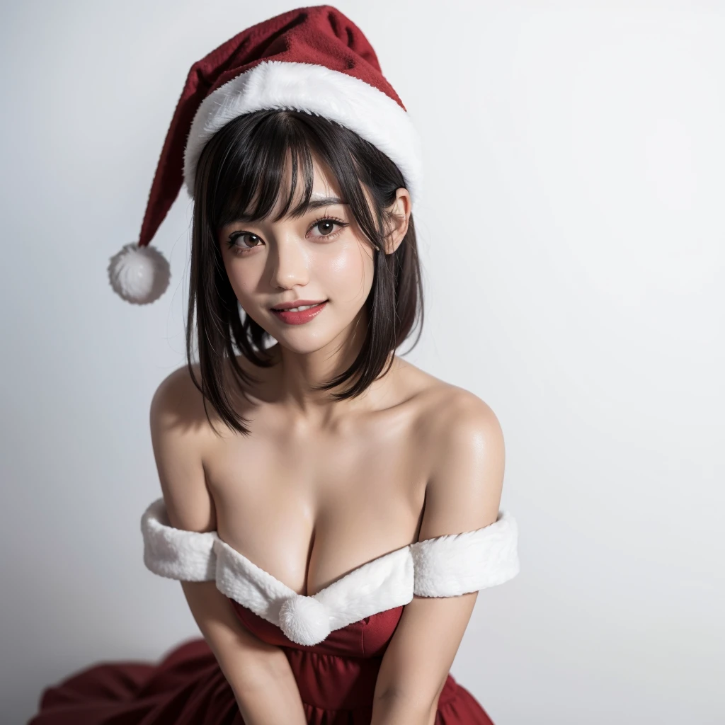 Only one beautiful woman, very , breasts looking directly at the camera, sexy expression, breasts between arms to create cleavage, breasts close, refreshing charm, happy smile, skin gloss, highlights in the eyes, clear double eyelids, eyelashes, long neck, beautiful short hair, glossy dark black hair, bangs, snow-white background, nothing background, Santa Claus costume, Santa Claus hat