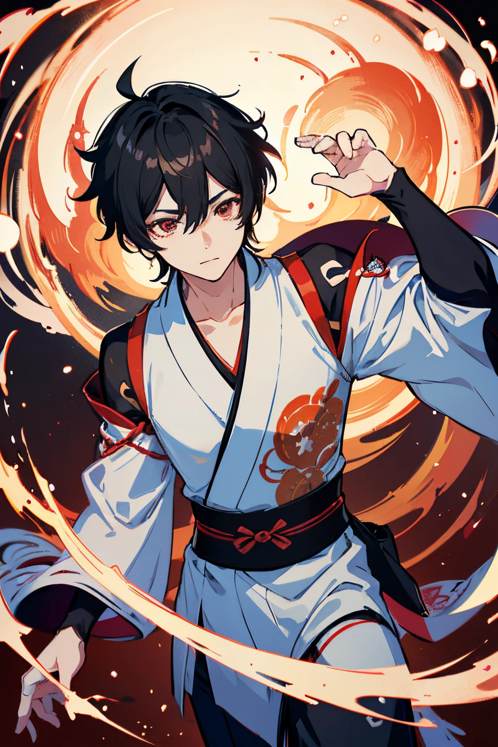1 boy, male character based on genshin impact games, illustrate in anime art style, he has black slightly curly hair and red eyes, dress the male character in a traditional japanese yukata, Genshin Impact universe, ultra detail, 2D animation, japan animation