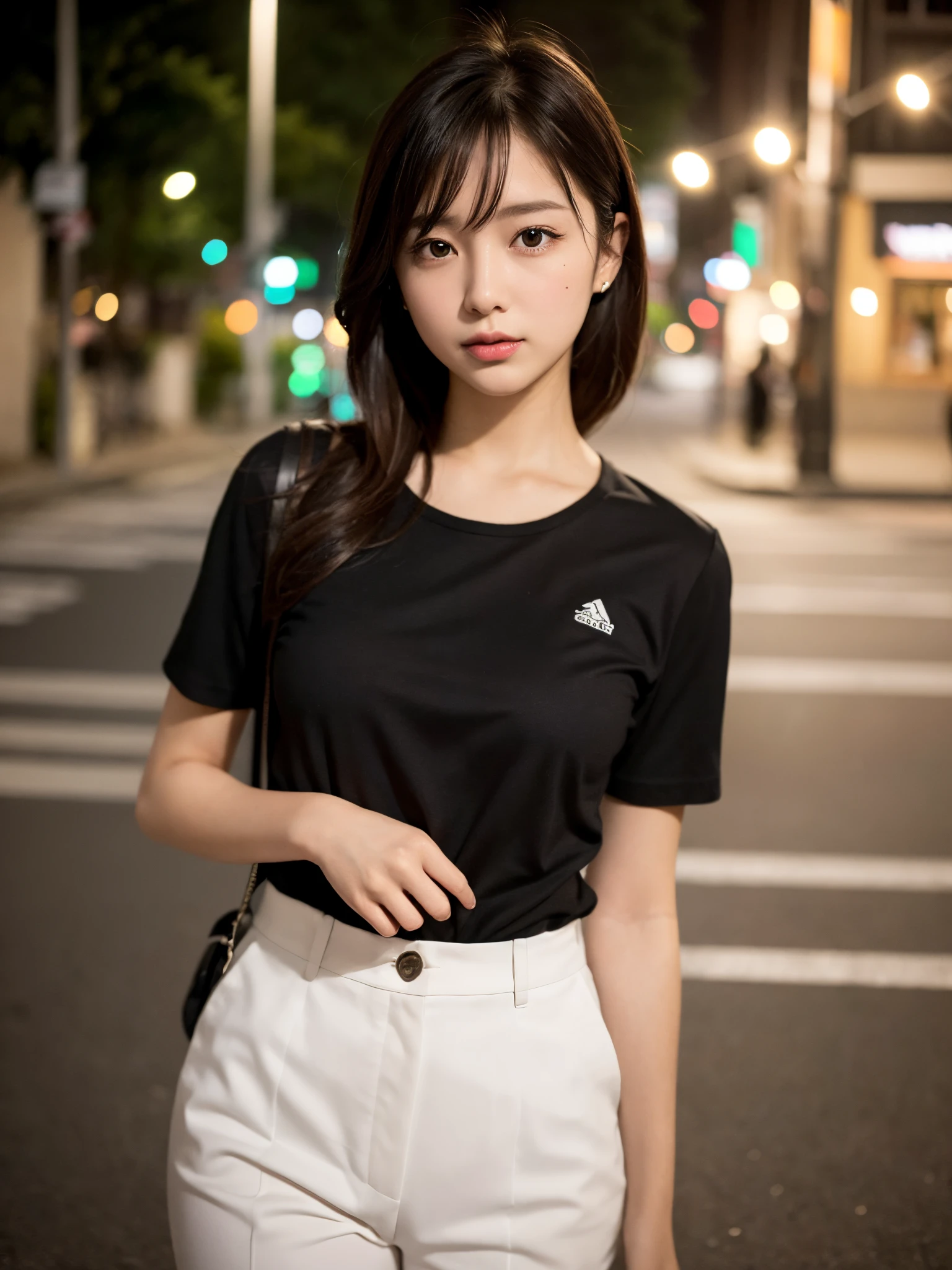 ((top quality, 8k, masterpiece: 1.3, raw photo)), Sharp Focus: 1.2, (1 aespa girl: 1.2), (Realistic, Photorealistic: 1.37), (face focus: 1.1), cute face, small breasts, flat chest, short messy hair, (long button black shirt: 1.1), Beautiful Woman standing Under Street Lamp Light, cinematic lighting, thigh,