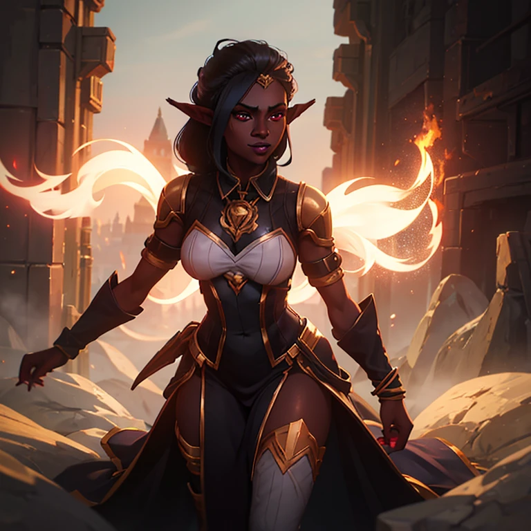 Dark elf woman in a majestic dress standing of fcenter in the back on a battlefield, dark grey skin, gray-skinned, elven ears, she has ruby-red eyes and grey skin, black hair, psychotic smile, 35 years old, summoning fire magic, magical red light, huge flames, extremely detailed artgerm, style artgerm, in style of artgerm, artgerm style, artgerm detailed, style of artgerm, aly fell and artgerm, samira from league of legends, drawn in the style of artgerm, artgerm lau