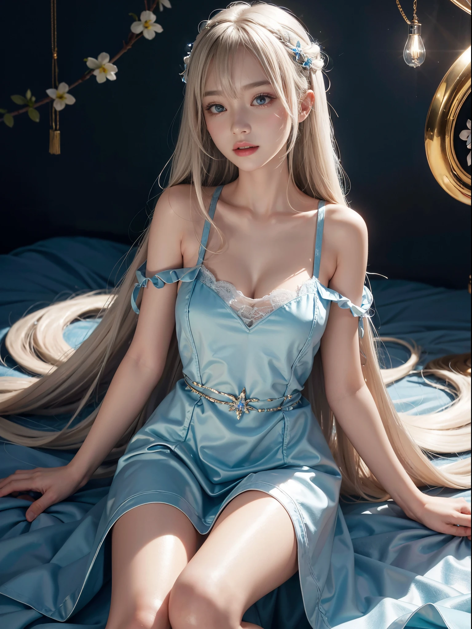 Ultra-realistic:1.3、bright expression、photorealisim、top-quality、超A high resolution、8k RAW photo、Photo of an exquisitely beautiful Nordic-born girl、ultimate beauty girl、Detailed cute and beautiful face、(pureerosface_v1:0.008)、Beautiful bangs、alice in the wonderland、Pretty girl、Glowing white shiny skin、Bangs that extend to the face、Super long hair、Charming bright natural silky platinum blonde extra long straight hair、thin and delicate hair、high resolution eye beauty, Bright and clear, Shining, Clear, big lapis lazuli eyes、White Apron、a blue dress、eye liner、Double eyelids、Lush bust、Golden ratio、perfectbody、going to bed、laying on back、sprawl、lie on one's side、lying back on、waking up、dishevled hair、Sleepy eyes、full body photographed、off shoulders、seminude、Perfect Anatomy、High Tone、