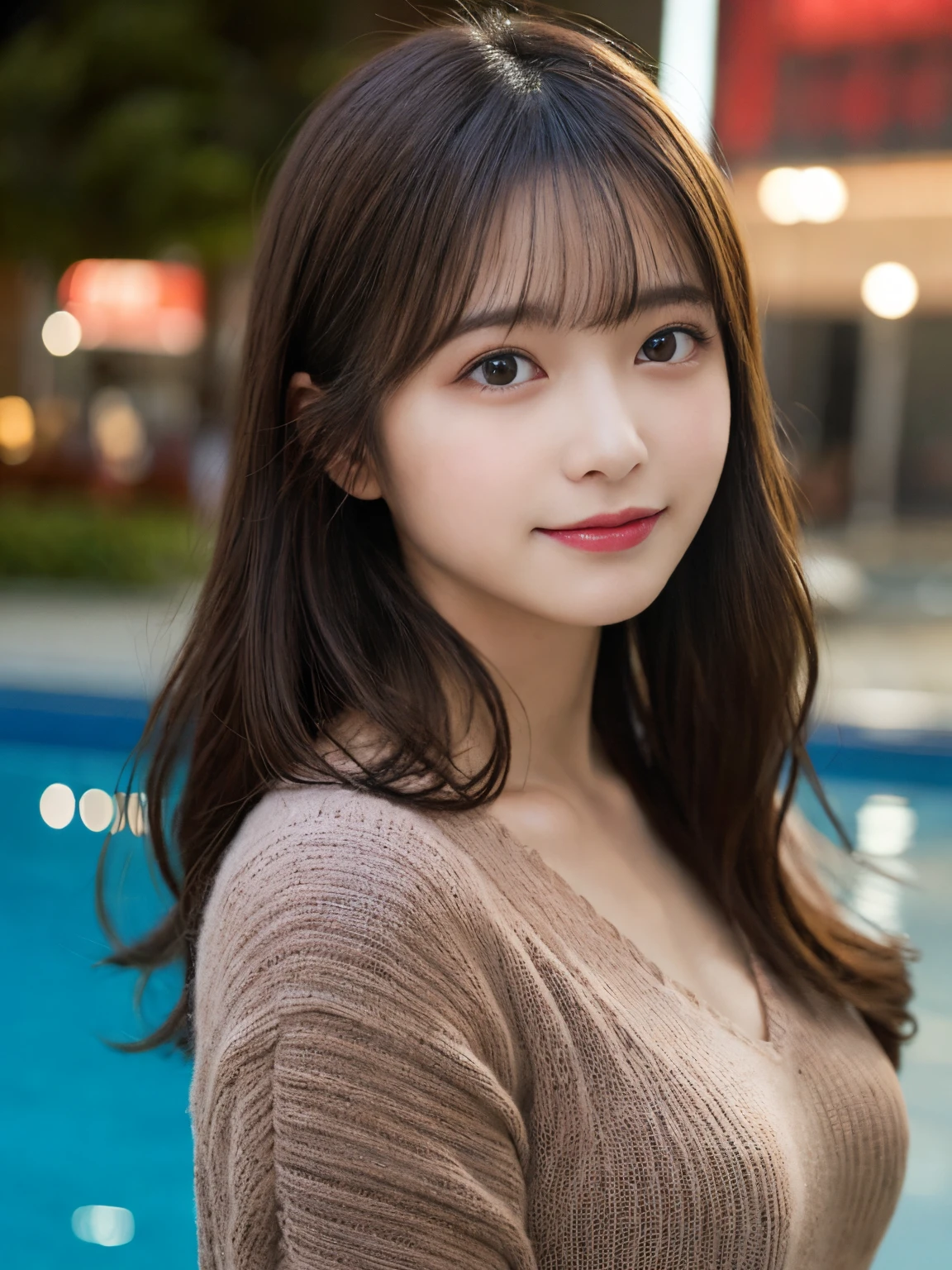 masutepiece, Best Quality, Illustration, Ultra-detailed, finely detail, hight resolution, 8K Wallpaper, Perfect dynamic composition, Beautiful detailed eyes, she is wearing a black long sleeve knit,Medium Hair,Natural Color Lip, Bold sexy poses,Smile,Harajuku、20 years girl、Cute、Sexy shot looking at camera、C Cup、Brown hair、cacique#39;s face、Blurry night pool background