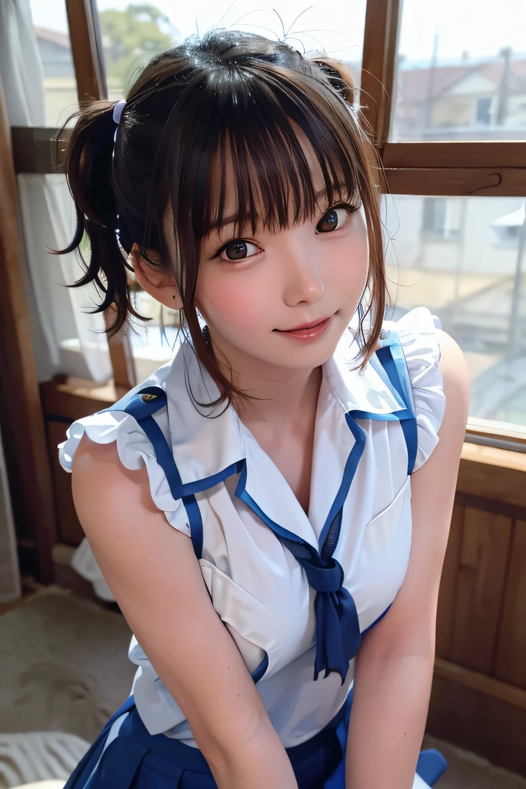 a beauty girl、crouching down、Bright smile、outside of house、shinny skin、blurry backround、short-cut、Upper body close-up、Smile from above、with round face、tiny body、Slimed、flat body、closes mouth、High School Uniforms、１４Pretty girl 、Loli with an elementarair clips)),Girl in a glass bottle