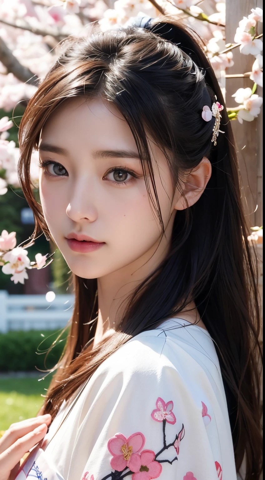 (A logo、masterpiece、8K、masutepiece、Raw photo、Fantastic、Best Quality、8K wallpaper that combines photorealism and high-definition CG、hightquality、ighly detailed、epic poem、Particle effect、Dynamic effects、depth of fields、Cinematic Light、Lens Flare、Ray tracing)、Fantasia、 (Beauty 1 person、White Japanese Clothing、Japanese dress、White cherry blossom pattern、White cherry blossom embroidery pattern、A dark-haired、Beautiful face、Real Face、beautiful details eyes beautiful skin)、Hair flutters in the wind、Hair jumps、Pink cherry blossom tree、Petals flutter、Sakura blizzard、Superb view、morning glow、Sun in the background、the wind