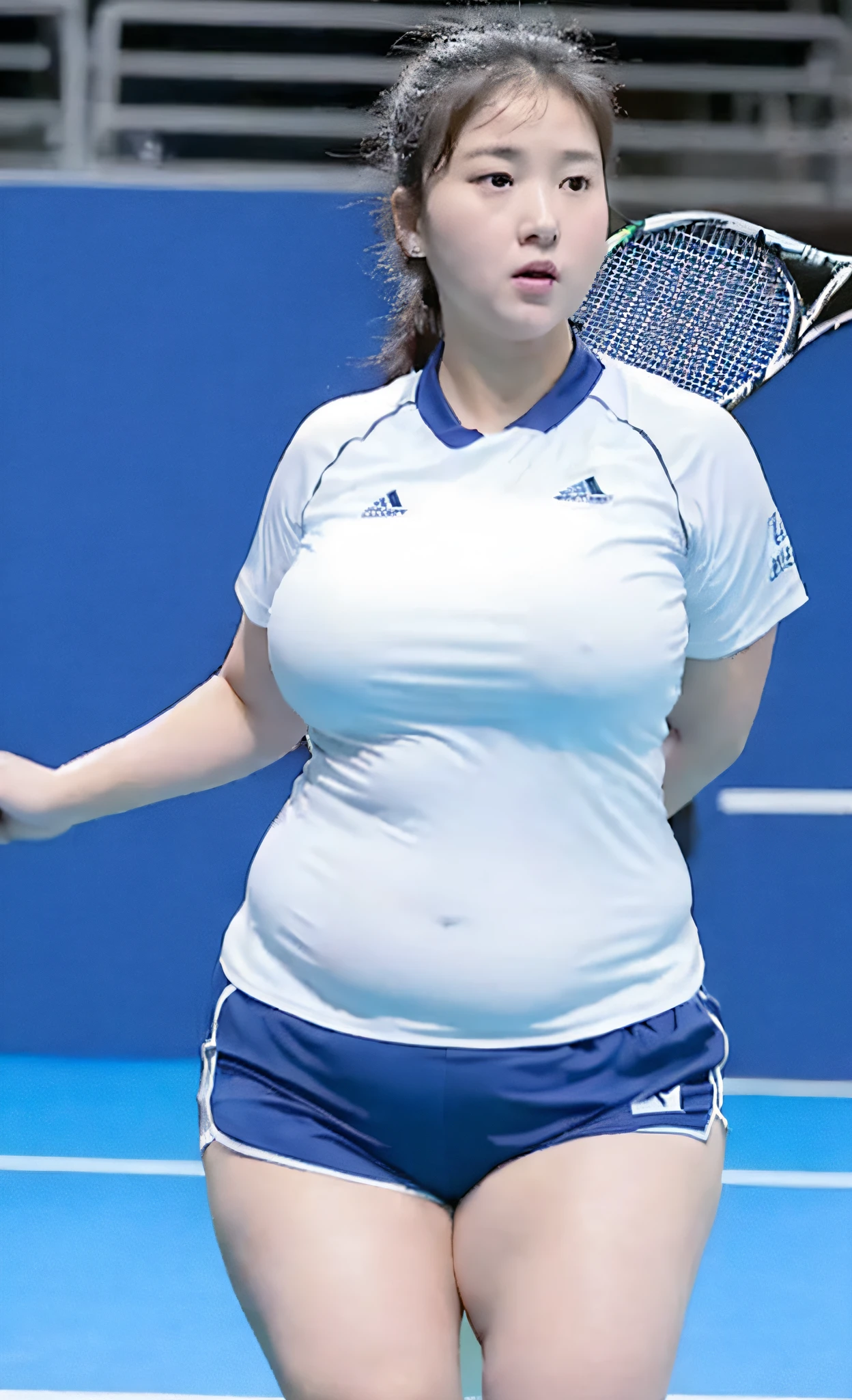 A 50-year-old woman playing tennis wearing a white shirt and blue shorts, Insanely inflated hips, Round thighs, she has a jiggly fat round belly, widest hips, large thighs, Chic, her belly is fat and round, Fat Woman, Wearing a volleyball jersey, large hips, big stomach, wide hips, wearing leotard, kim hyun joo