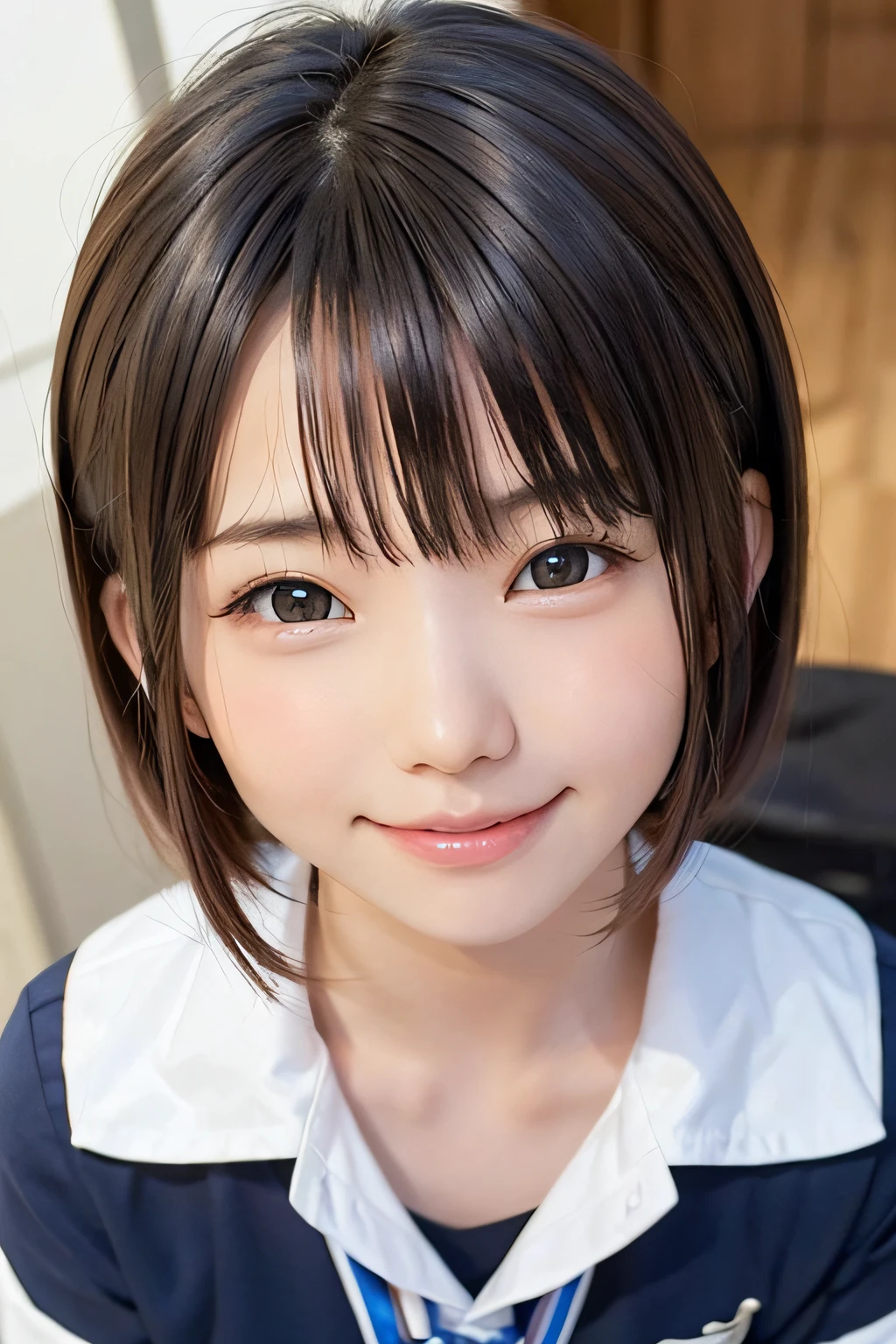 a beauty girl、crouching down、Bright smile、outside of house、shinny skin、blurry backround、short-cut、Upper body close-up、Smile from above、with round face、tiny body、Slimed、flat body、closes mouth、High School Uniforms、14Pretty girl 、Loli with an elementarr clips