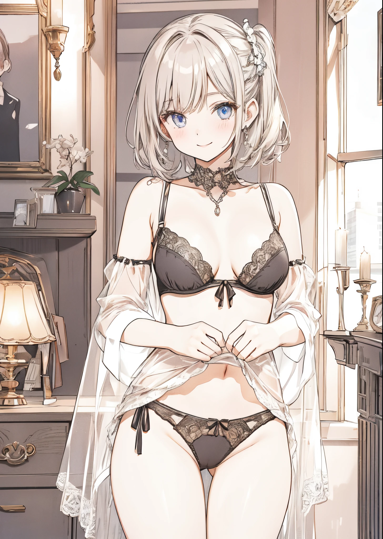 cinematic lighting, seductive smile, upturned cheeks, see through, high leg panties, string panties, side frilled panties, side ruffled panties,