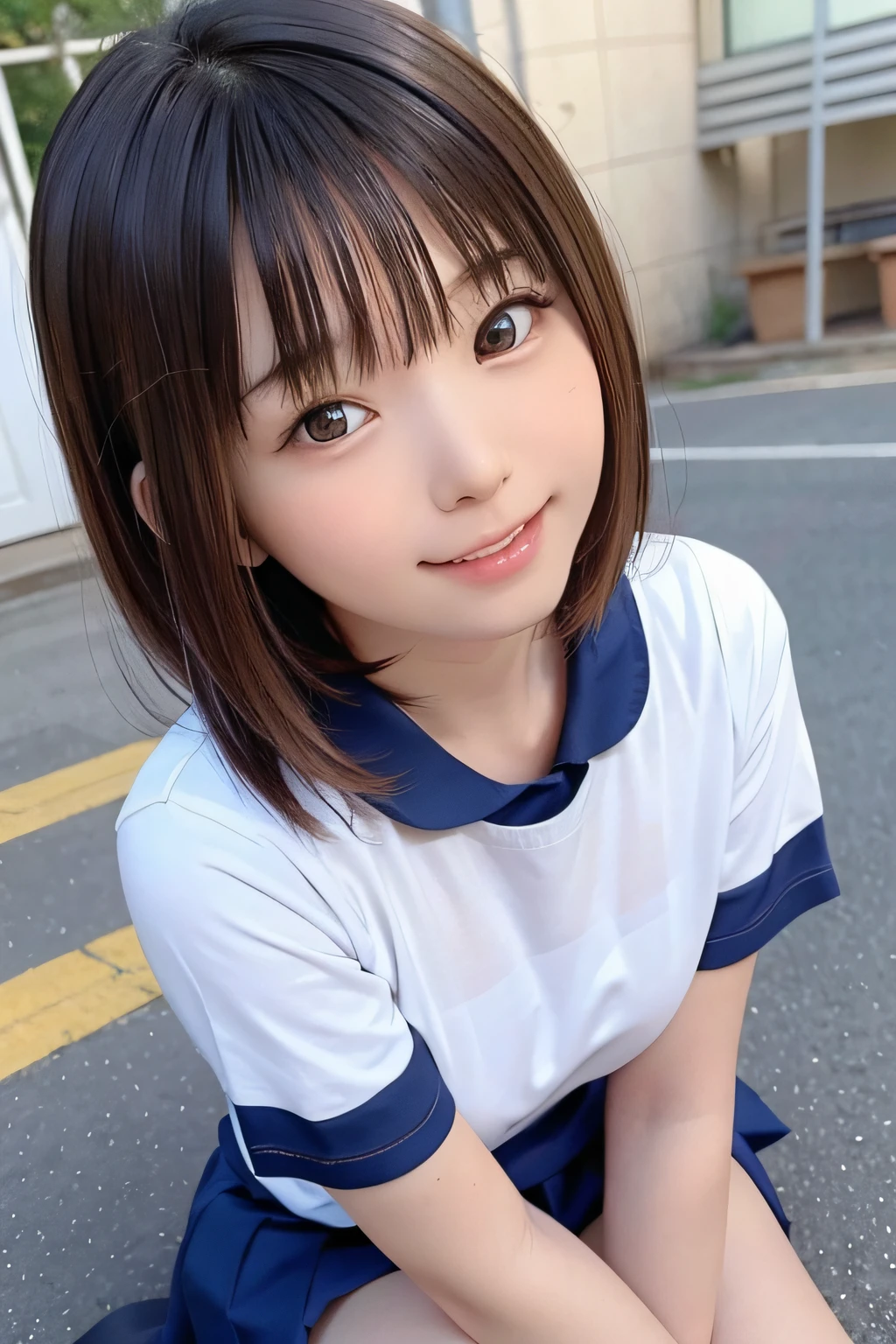 Lots of soap bubbles of various sizes、a beauty girl、crouching down、Bright smile、outside of house、shinny skin、blurry backround、short-cut、Upper body close-up、Smile from above、with round face、tiny body、Slimed、flat body、closes mouth、High School Uniforms、14Pretty girl 、Idle face、Loli with an elementar