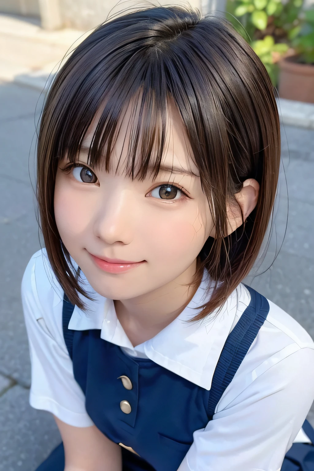 a beauty girl、crouching down、Bright smile、outside of house、shinny skin、blurry backround、short-cut、Upper body close-up、Smile from above、with round face、tiny body、Slimed、flat body、closes mouth、High School Uniforms、１４Pretty girl 、Idle face、Loli with an elementars of soap bubbles of various sizes、