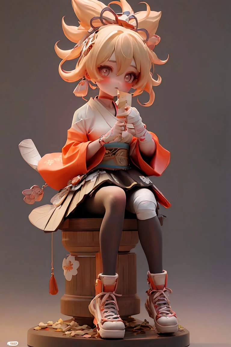 (Full body stand painting), single, master-piece,Best qualtiy,10, 1 original appearance,(\Xiao Kong\),1girll, breasts, bara, Blush, Blonde Hair, View viewer, Orange kimono, Japanese clothes, Komono, arm tattoos, bandages,(White backgrounid), background,master-piece, bestquality, illustration, , Beautiful Detailed Glow, beautiful detail eyes, midriff, Large forehead