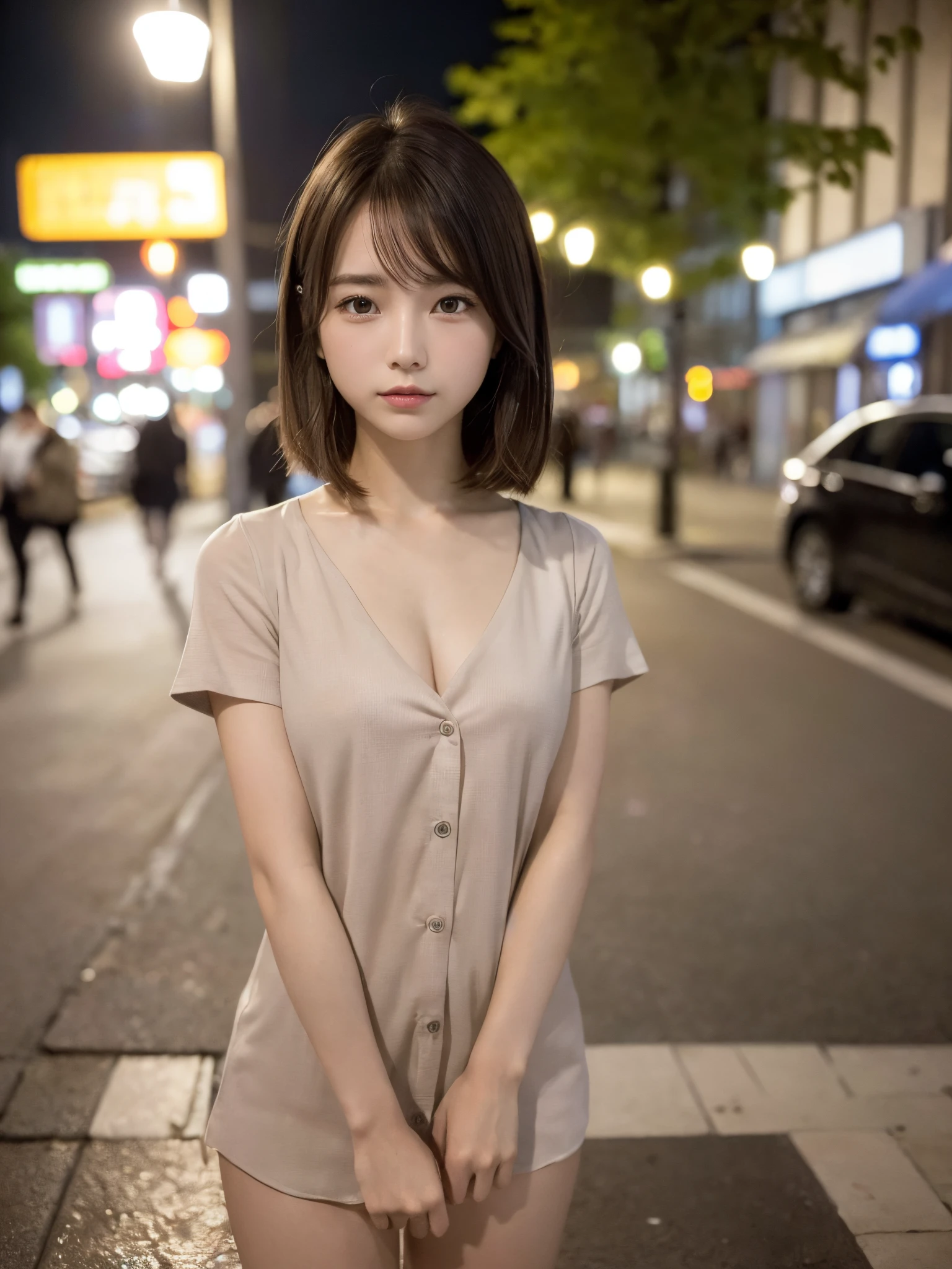 ((top quality, 8k, masterpiece: 1.3, raw photo)), Sharp Focus: 1.2, (1 aespa girl: 1.2), (Realistic, Photorealistic: 1.37), (face focus: 1.1), cute face, small breasts, flat chest, short messy hair, nude, (long button shirt: 1.1), Beautiful Woman standing Under Street Lamp Light, cinematic lighting, thigh,