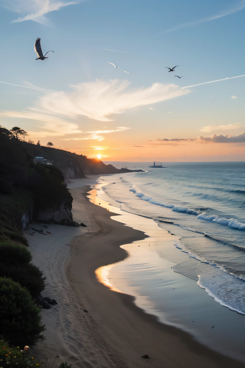sunrise on the coast, Burning clouds and seagulls